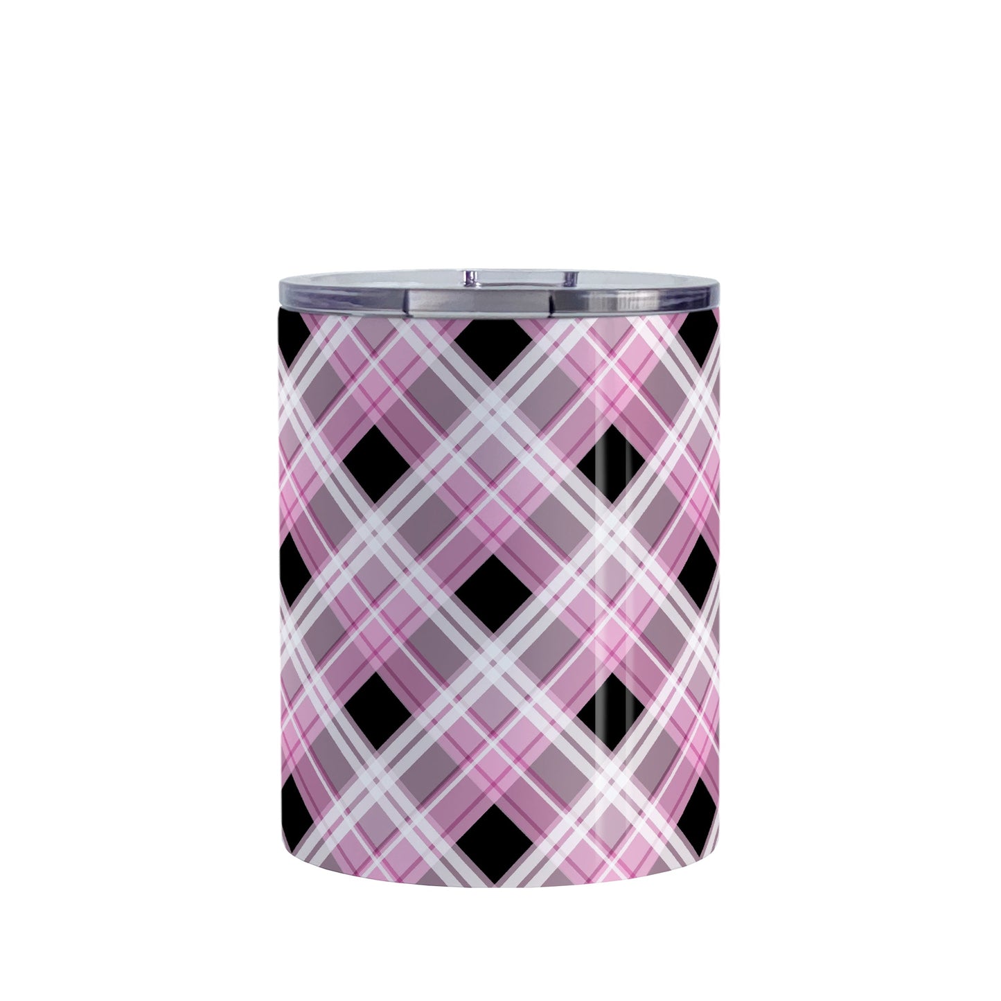 Alternative Black and Pink Plaid Tumbler Cup (10oz) at Amy's Coffee Mugs. A stainless steel insulated tumbler cup designed with a diagonal pink, black, and white plaid pattern that wraps around the cup. A tumbler cup designed for someone who loves plaid patterns and the colors pink and black together.