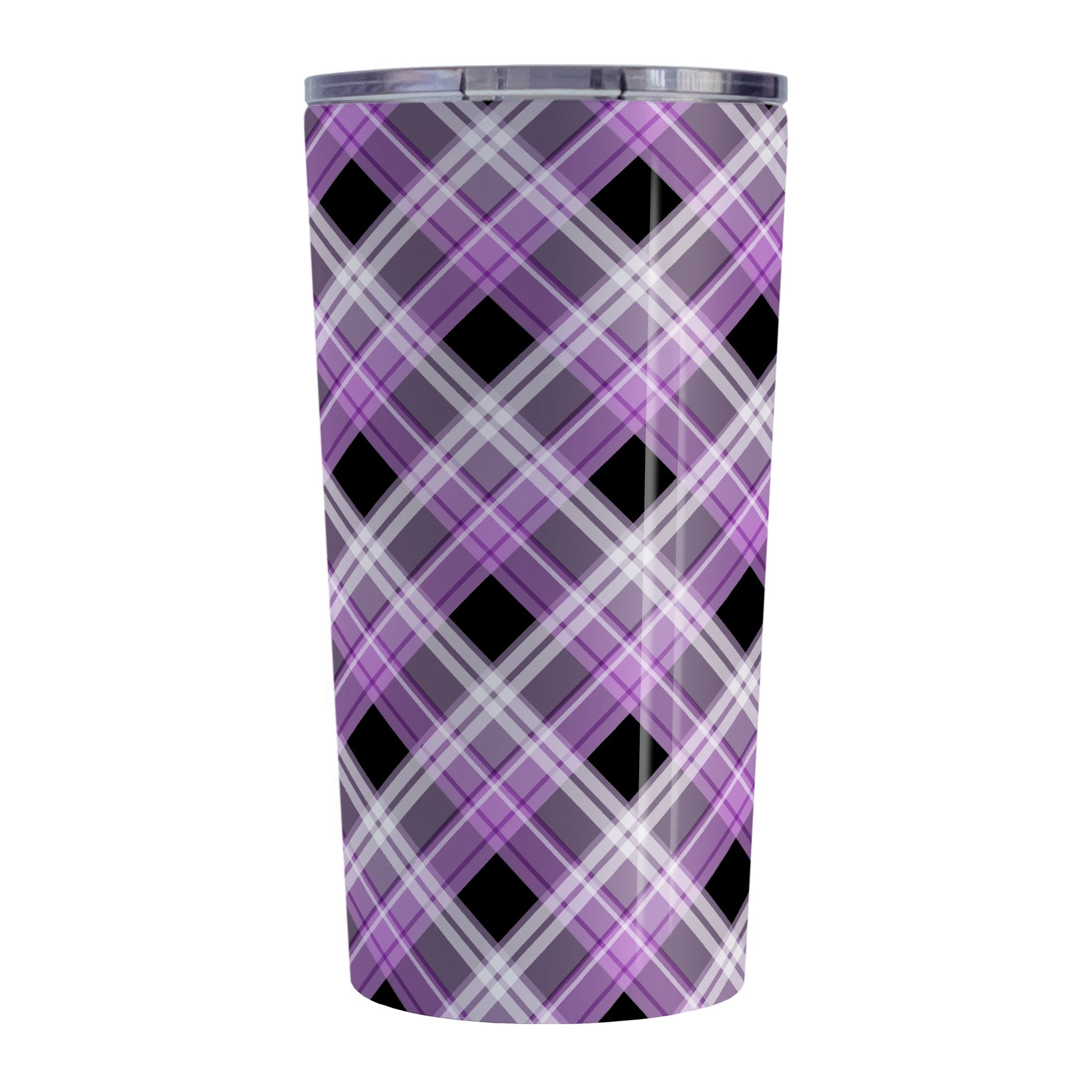 Alternative Black and Purple Plaid Tumbler Cup (20oz, stainless steel insulated) at Amy's Coffee Mugs. A tumbler cup designed with a diagonal purple, black, and white plaid pattern that wraps around the insulated tumbler cup.  A heavy-duty tumbler designed for someone who loves plaid patterns and the colors purple and black.