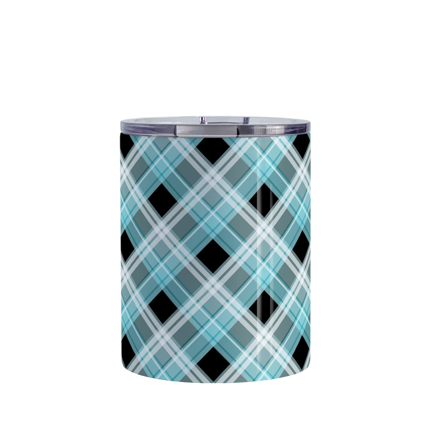 Alternative Black and Turquoise Plaid Tumbler Cup (10oz) at Amy's Coffee Mugs. A stainless steel insulated tumbler cup designed with a diagonal turquoise, black, and white plaid pattern that wraps around the insulated tumbler cup. A heavy-duty tumbler designed for someone who loves plaid patterns and the colors turquoise and black.