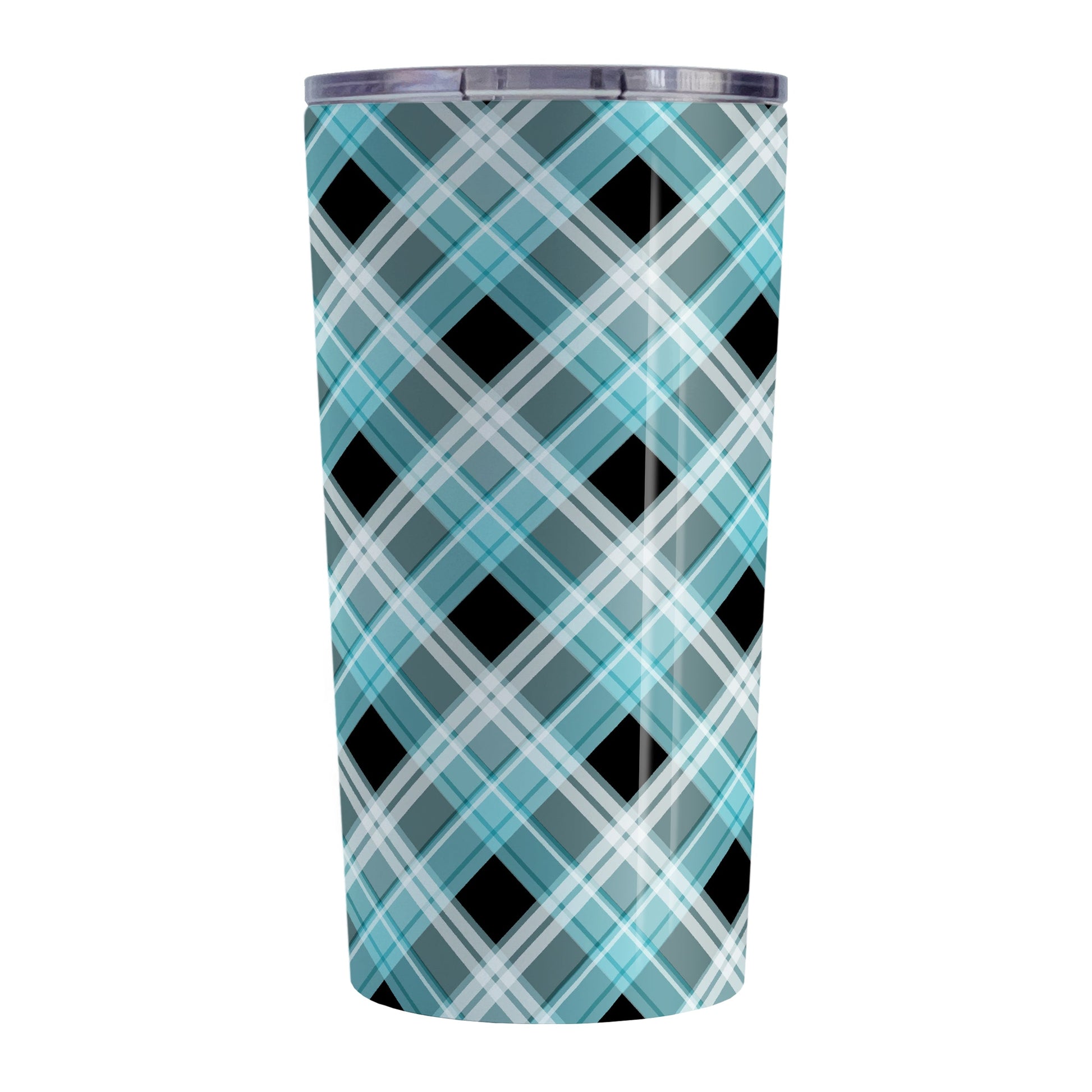 Alternative Black and Turquoise Plaid Tumbler Cup (20oz) at Amy's Coffee Mugs. A stainless steel insulated tumbler cup designed with a diagonal turquoise, black, and white plaid pattern that wraps around the insulated tumbler cup. A heavy-duty tumbler designed for someone who loves plaid patterns and the colors turquoise and black.