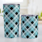 Alternative Black and Turquoise Plaid Tumbler Cup (20oz and 10oz) at Amy's Coffee Mugs. Stainless steel insulated tumbler cups designed with a diagonal turquoise, black, and white plaid pattern that wraps around the insulated tumbler cups. Heavy-duty tumblers designed for someone who loves plaid patterns and the colors turquoise and black. Photo shows both sized cups next to each other.