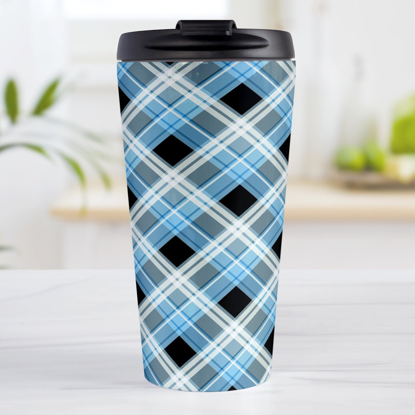 Alternative Blue Plaid Travel Mug (15oz) at Amy's Coffee Mugs. A stainless steel travel mug designed with a diagonal blue, black, and white plaid pattern that wraps around the mug. Designed for someone who likes plaid patterns and loves the color blue.