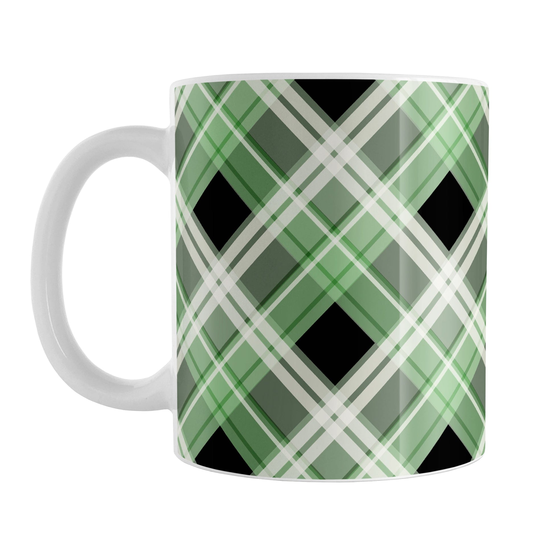 Alternative Green Plaid Mug (11oz) at Amy's Coffee Mugs. A ceramic coffee mug designed with a diagonal green, black, and white plaid pattern that wraps around the mug to the handle. Designed for someone who loves plaid patterns and is a fan of the color green.