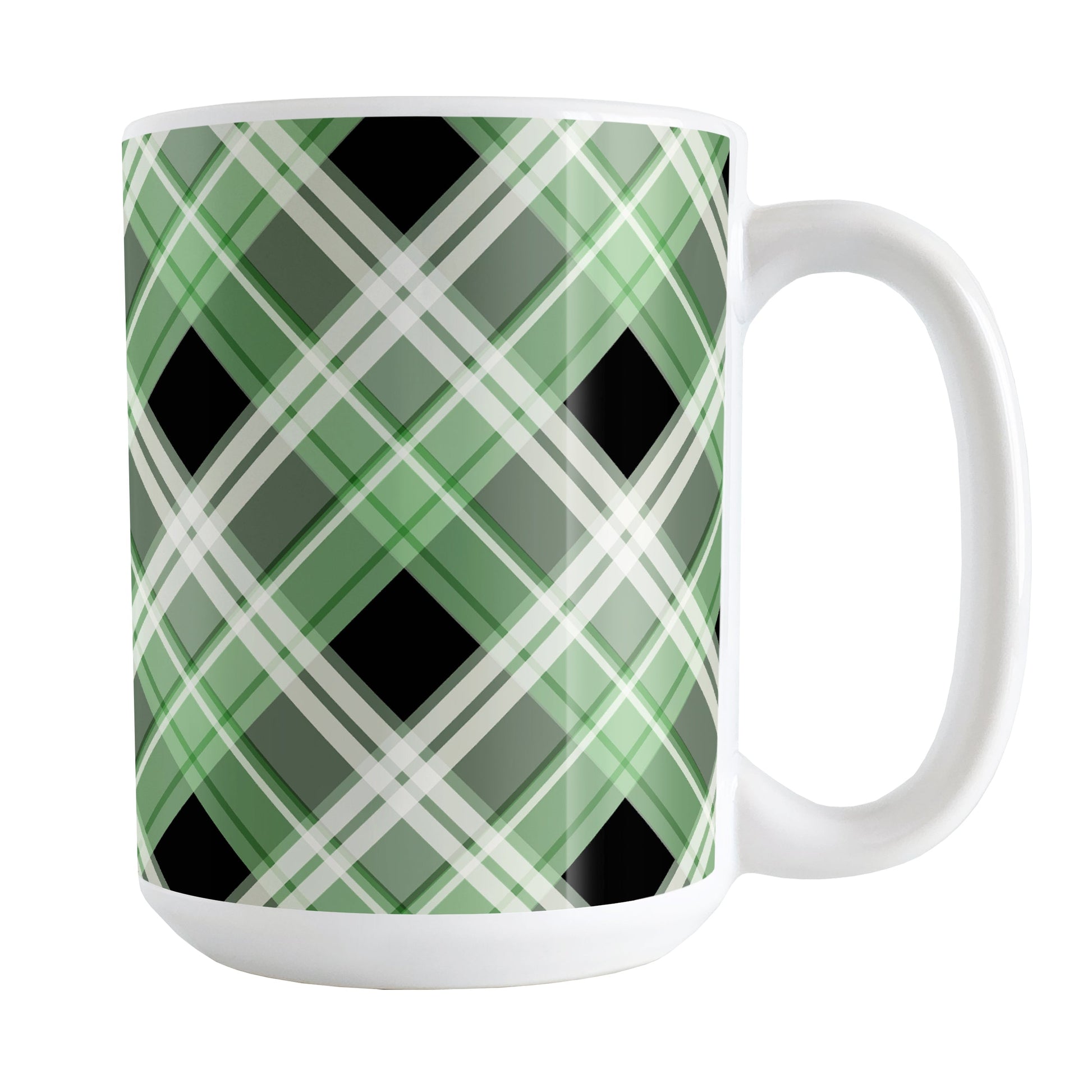 Alternative Green Plaid Mug (15oz) at Amy's Coffee Mugs. A ceramic coffee mug designed with a diagonal green, black, and white plaid pattern that wraps around the mug to the handle. Designed for someone who loves plaid patterns and is a fan of the color green.