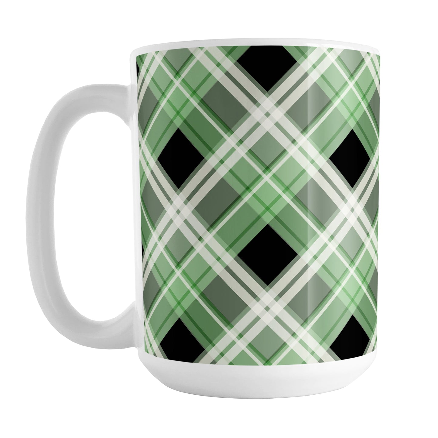 Alternative Green Plaid Mug (15oz) at Amy's Coffee Mugs. A ceramic coffee mug designed with a diagonal green, black, and white plaid pattern that wraps around the mug to the handle. Designed for someone who loves plaid patterns and is a fan of the color green.