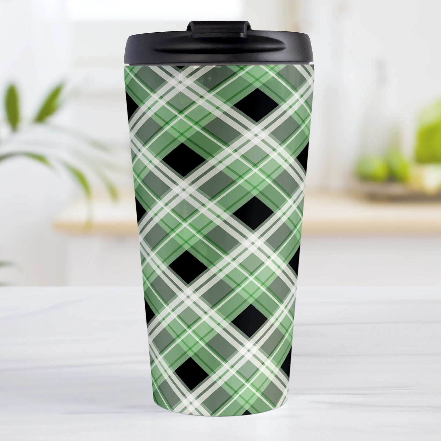 Alternative Green Plaid Travel Mug (15oz) at Amy's Coffee Mugs. A stainless steel travel mug designed with a diagonal green, black, and white plaid pattern that wraps around the mug. Designed for someone who likes plaid patterns and loves the color green.