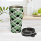 Alternative Green Plaid Travel Mug (15oz) at Amy's Coffee Mugs. A stainless steel travel mug designed with a diagonal green, black, and white plaid pattern that wraps around the mug. Designed for someone who likes plaid patterns and loves the color green. Photo shows the mug open with the lid on the table beside it. 