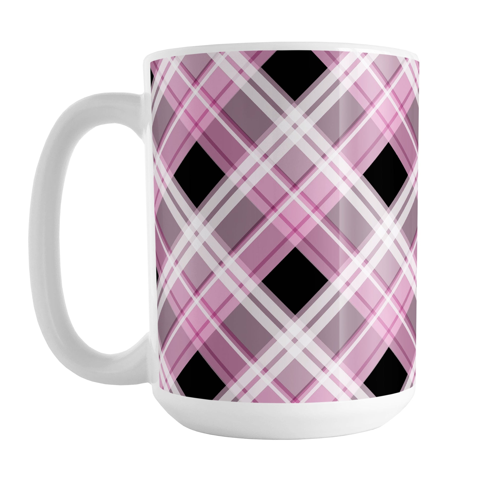 Alternative Pink Plaid Mug (15oz) at Amy's Coffee Mugs. A ceramic coffee mug designed with a diagonal pink, black, and white plaid pattern that wraps around the mug to the handle. Designed for someone who loves plaid patterns and the colors pink and black together.