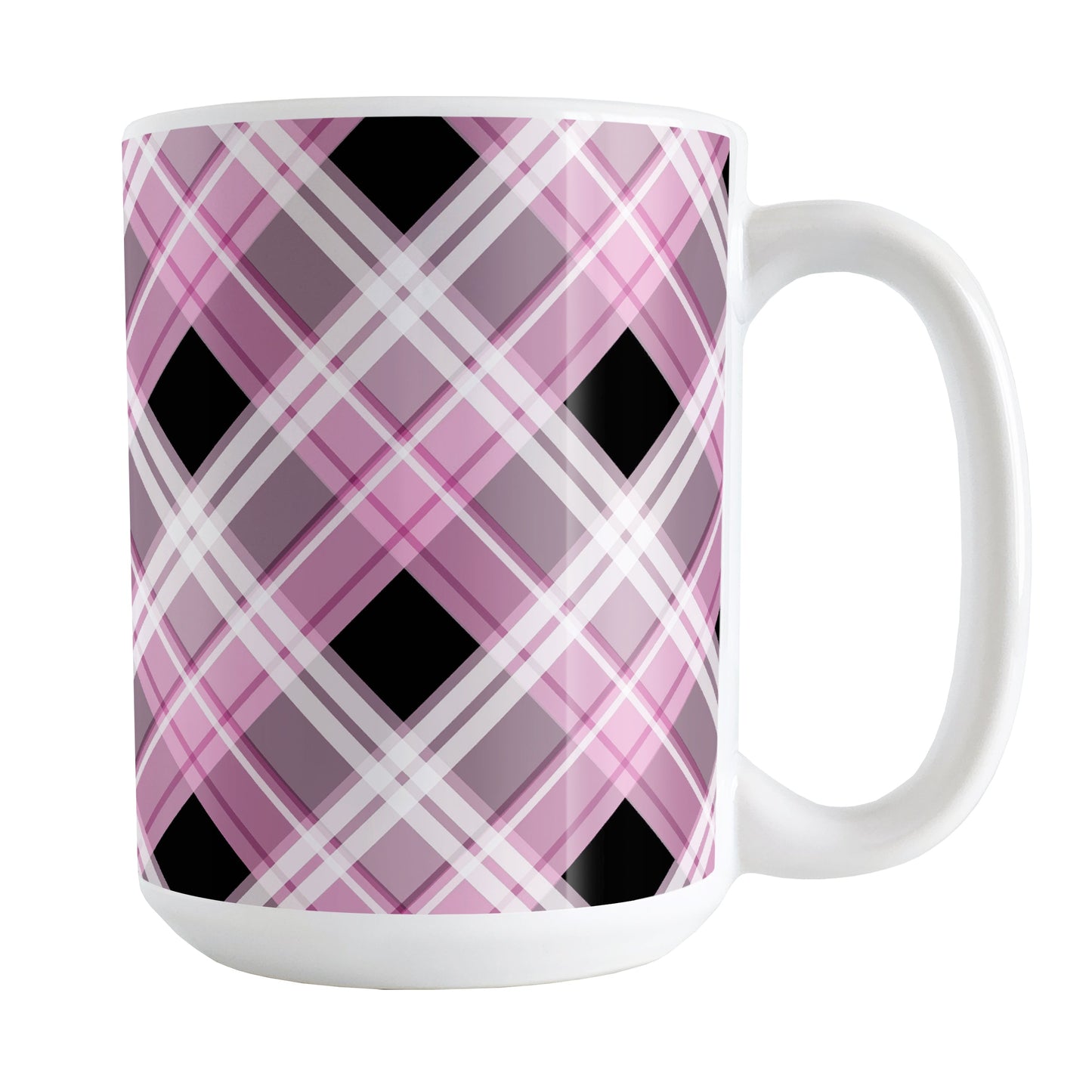 Alternative Pink Plaid Mug (15oz) at Amy's Coffee Mugs. A ceramic coffee mug designed with a diagonal pink, black, and white plaid pattern that wraps around the mug to the handle. Designed for someone who loves plaid patterns and the colors pink and black together.