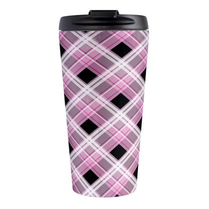 Alternative Pink Plaid Travel Mug (15oz) at Amy's Coffee Mugs. A stainless steel travel mug designed with a diagonal pink, black, and white plaid pattern that wraps around the mug. Designed for someone who likes plaid patterns and loves the color pink.