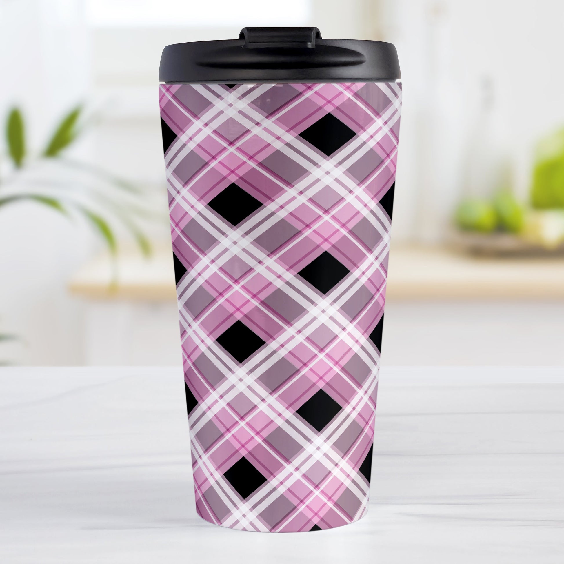 Alternative Pink Plaid Travel Mug (15oz) at Amy's Coffee Mugs. A stainless steel travel mug designed with a diagonal pink, black, and white plaid pattern that wraps around the mug. Designed for someone who likes plaid patterns and loves the color pink.