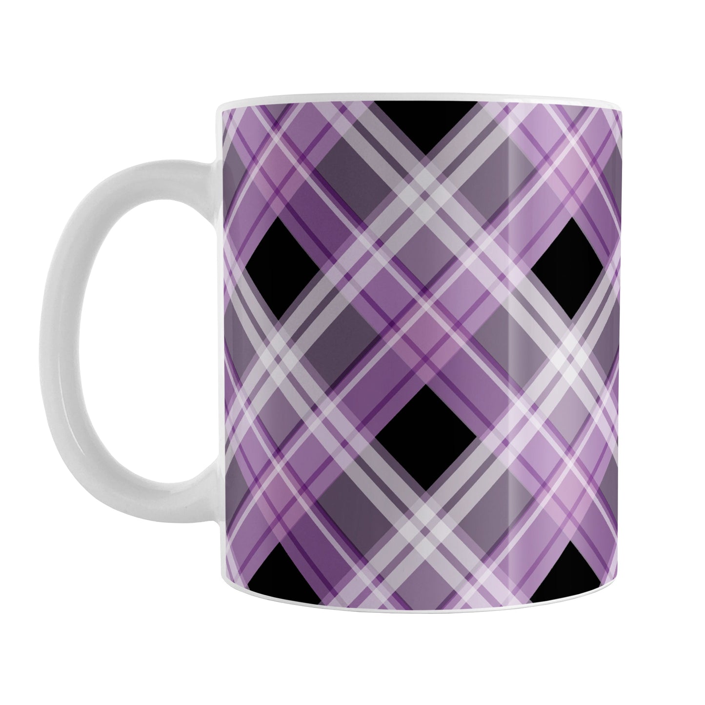 Alternative Purple Plaid Mug (11oz) at Amy's Coffee Mugs. A ceramic coffee mug designed with a diagonal purple, black, and white plaid pattern that wraps around the mug to the handle. Designed for someone who loves plaid patterns and the colors purple and black.