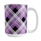 Alternative Purple Plaid Mug (15oz) at Amy's Coffee Mugs. A ceramic coffee mug designed with a diagonal purple, black, and white plaid pattern that wraps around the mug to the handle. Designed for someone who loves plaid patterns and the colors purple and black.