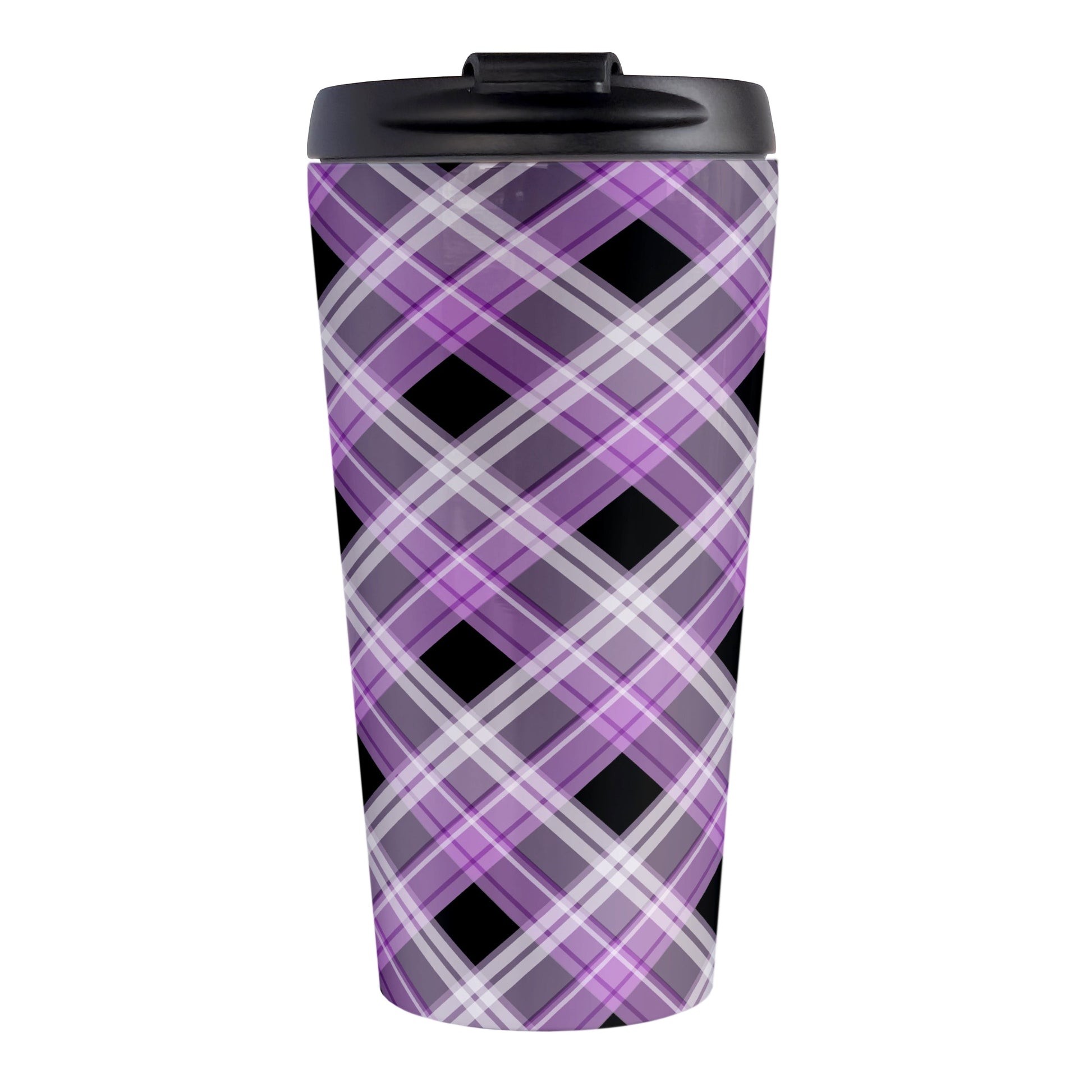 Alternative Purple Plaid Travel Mug (15oz) at Amy's Coffee Mugs. A stainless steel travel mug designed with a diagonal purple, black, and white plaid pattern that wraps around the mug. Designed for someone who likes plaid patterns and loves the color purple.