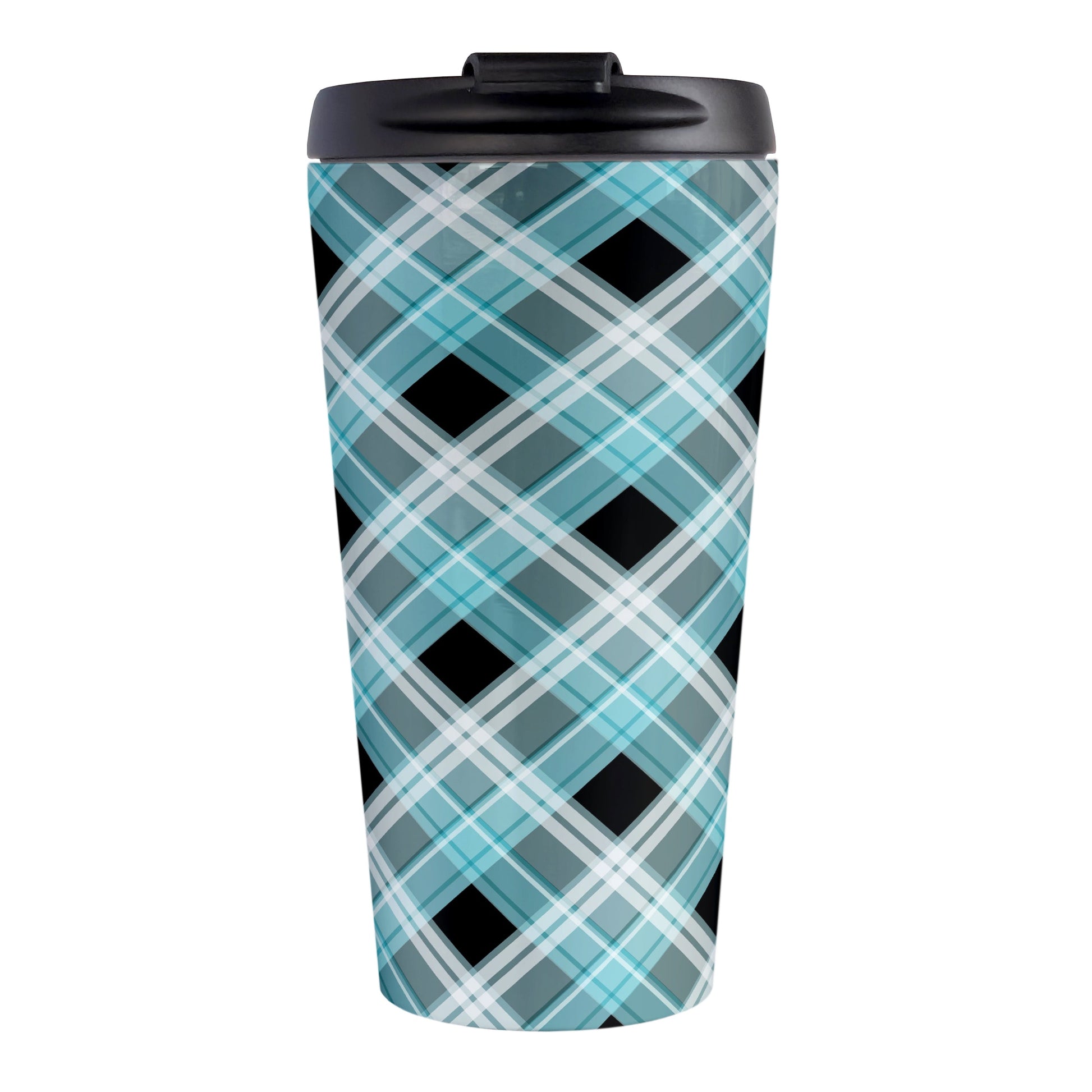 Alternative Turquoise Plaid Travel Mug (15oz) at Amy's Coffee Mugs. A stainless steel travel mug designed with a diagonal turquoise, black, and white plaid pattern that wraps around the mug. Designed for someone who likes plaid patterns and loves the color turquoise.