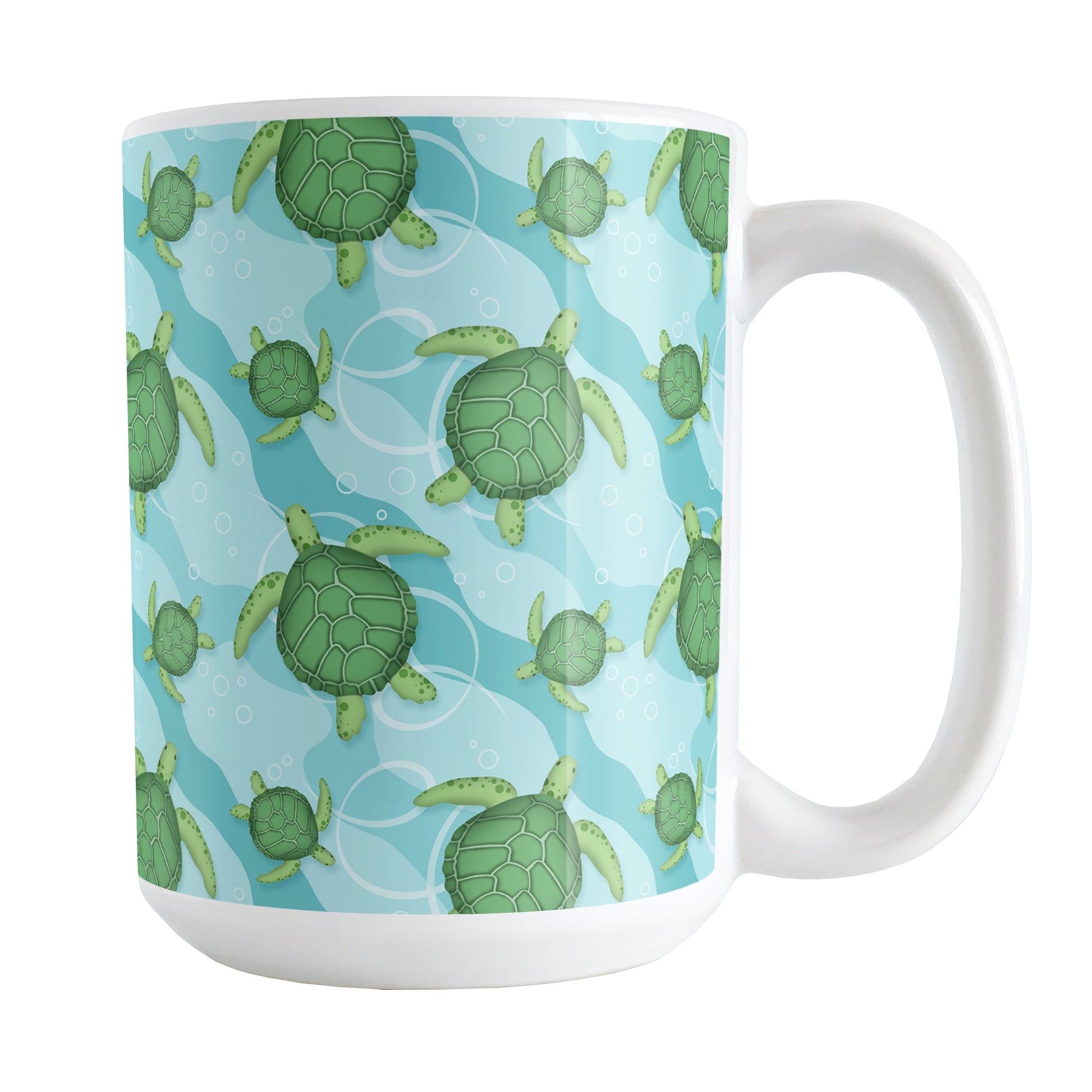 Aquatic Sea Turtle Pattern Mug (15oz) at Amy's Coffee Mugs. A ceramic coffee mug with an aquatic pattern of green sea turtles, swimming over a wavy underwater pattern design in blue and turquoise, that wraps around the mug to the handle.