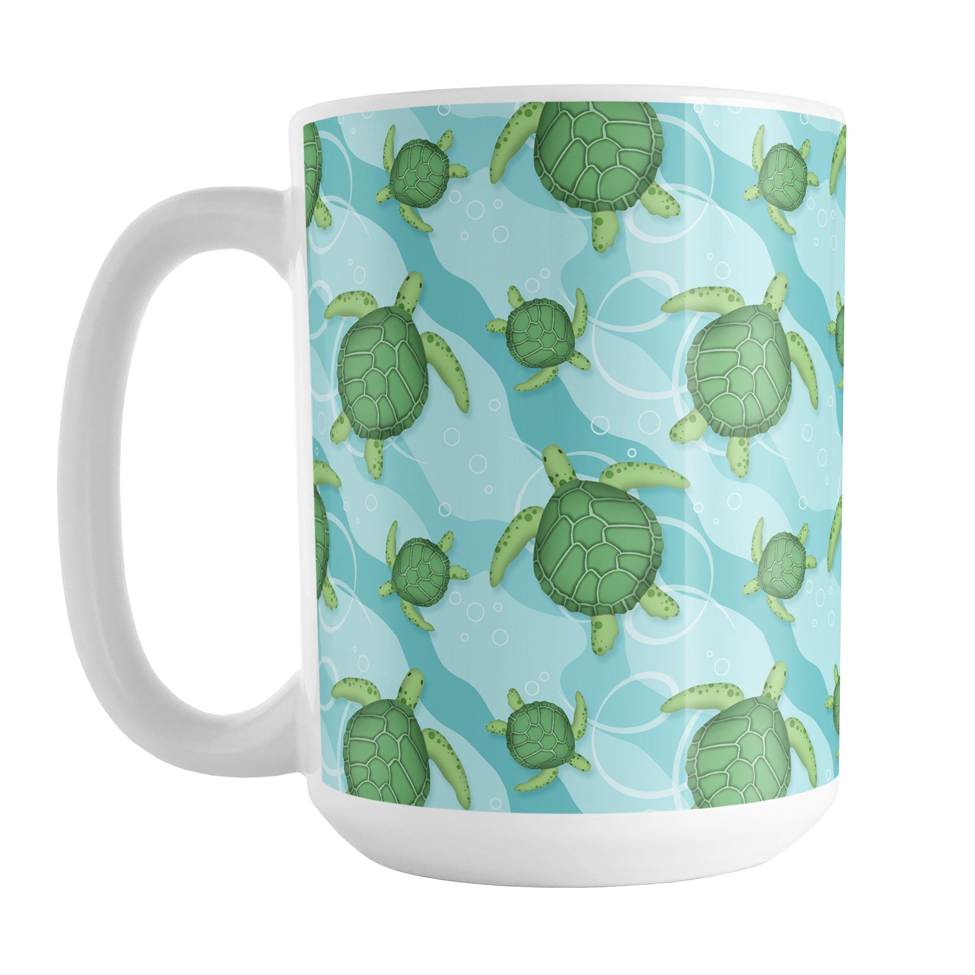 Aquatic Sea Turtle Pattern Mug (15oz) at Amy's Coffee Mugs. A ceramic coffee mug with an aquatic pattern of green sea turtles, swimming over a wavy underwater pattern design in blue and turquoise, that wraps around the mug to the handle.