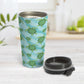 Aquatic Sea Turtle Pattern Travel Mug (15oz, stainless steel insulated) at Amy's Coffee Mugs. A travel mug with an aquatic pattern of green sea turtles, swimming over a wavy underwater pattern design in blue and turquoise, that wraps around the travel mug.