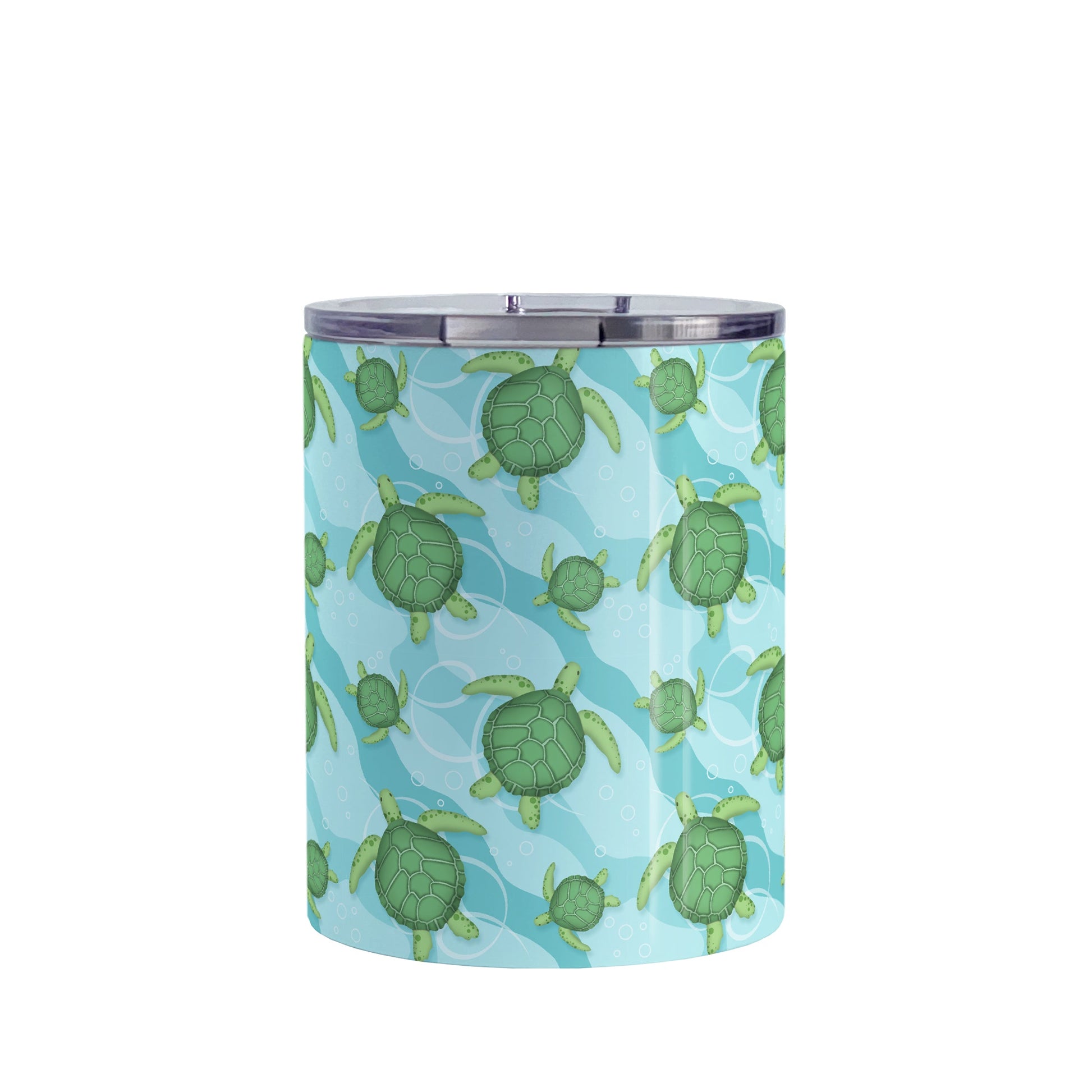 Aquatic Sea Turtle Pattern Tumbler Cup (10oz, stainless steel insulated) at Amy's Coffee Mugs. A sea turtle tumbler cup with an aquatic pattern of green sea turtles, swimming over a wavy underwater pattern design in blue and turquoise, that wraps around the cup.