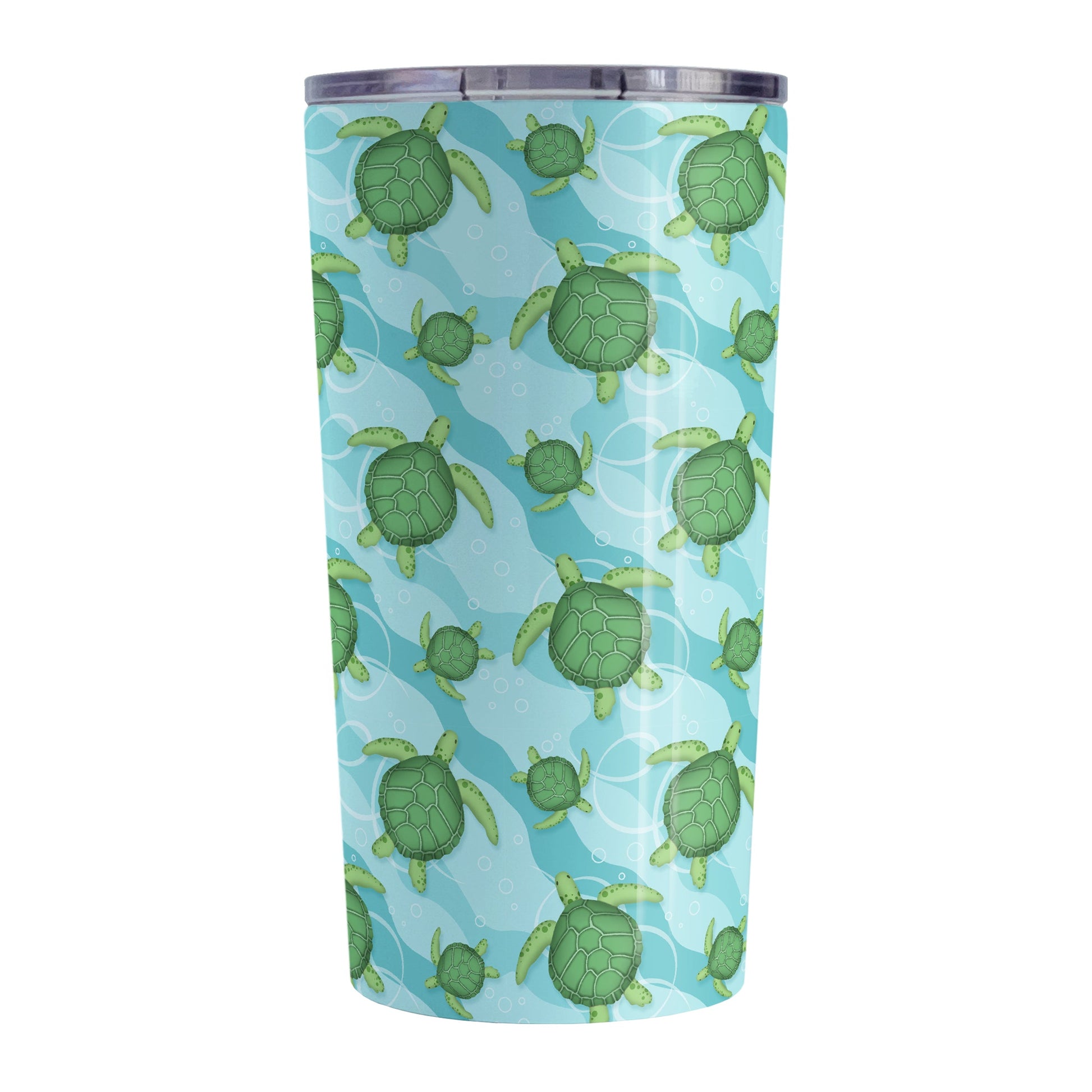 Aquatic Sea Turtle Pattern Tumbler Cup (20oz, stainless steel insulated) at Amy's Coffee Mugs. A sea turtle tumbler cup with an aquatic pattern of green sea turtles, swimming over a wavy underwater pattern design in blue and turquoise, that wraps around the cup.