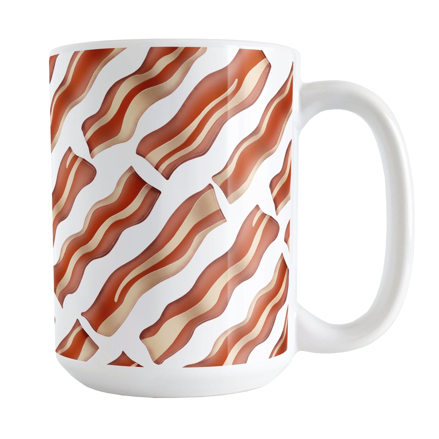 Bacon Pattern Mug (15oz) at Amy's Coffee Mugs. A ceramic coffee mug designed with a diagonal pattern of bacon strips that wraps around the mug to the handle. It's perfect for anyone who loves bacon and wants a breakfast-themed mug with their morning meal.