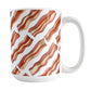 Bacon Pattern Mug (15oz) at Amy's Coffee Mugs. A ceramic coffee mug designed with a diagonal pattern of bacon strips that wraps around the mug to the handle. It's perfect for anyone who loves bacon and wants a breakfast-themed mug with their morning meal.