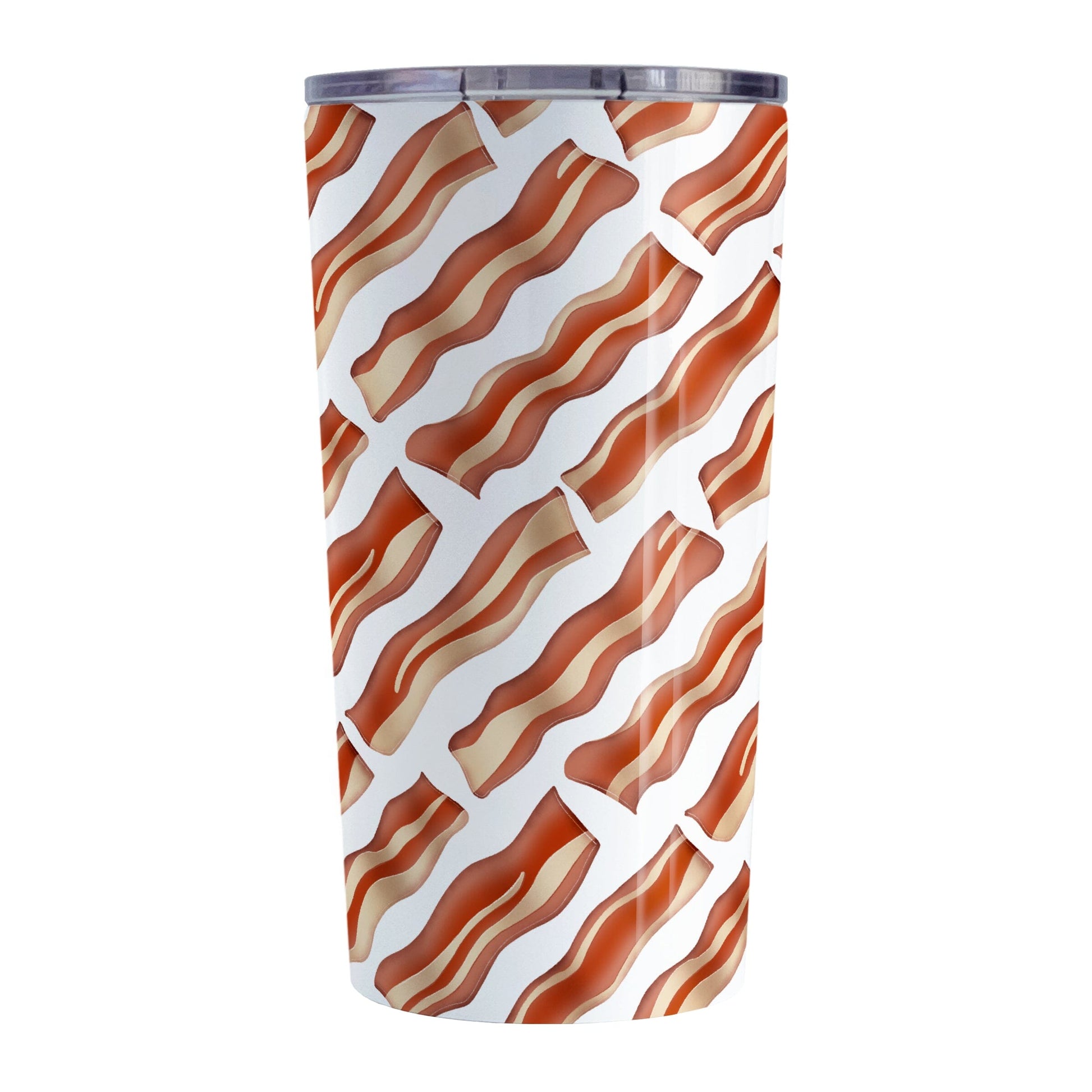 Bacon Pattern Tumbler Cup (20oz) at Amy's Coffee Mugs. A stainless steel tumbler cup designed with a diagonal pattern of bacon strips that wraps around the cup. It's perfect for anyone who loves bacon and wants a breakfast-themed cup with their morning meal or while they're at work.