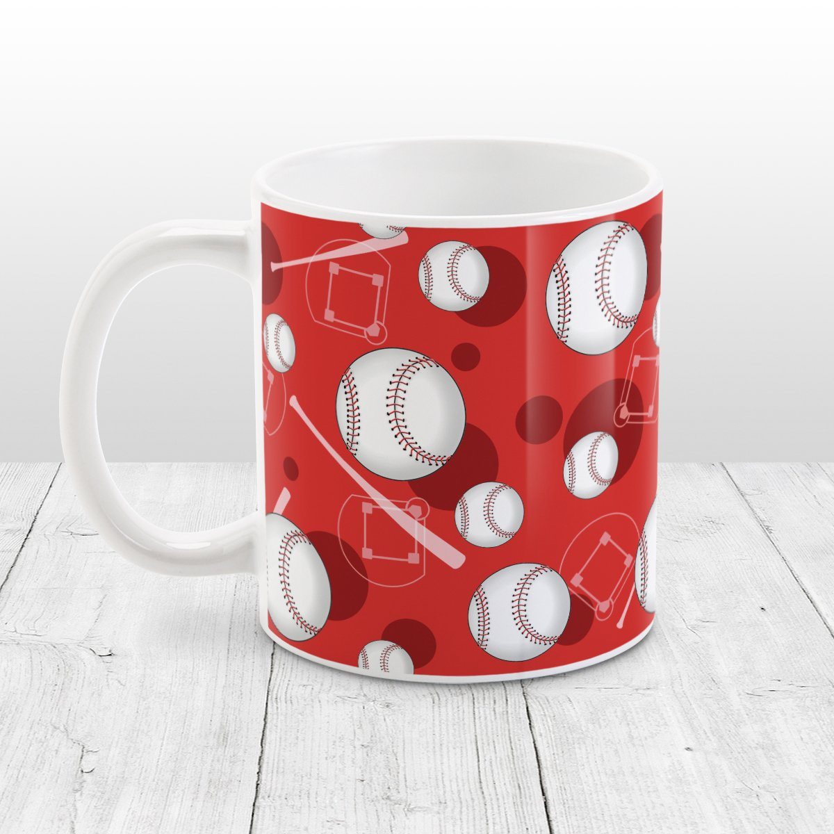 Baseball Themed Pattern Red Mug at Amy's Coffee Mugs