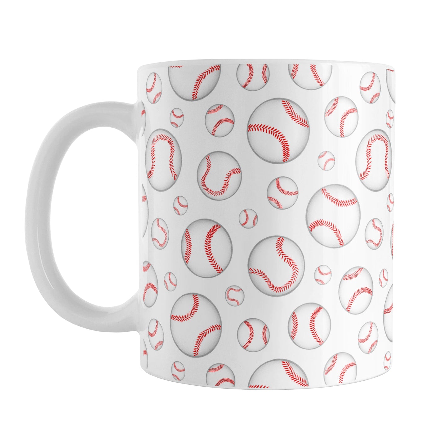 Baseballs Pattern Mug (11oz) at Amy's Coffee Mugs. A ceramic coffee mug designed with hand-drawn baseballs in varying sizes in a pattern that wraps around the mug to the handle. It's perfect for anyone who loves the game of baseball.