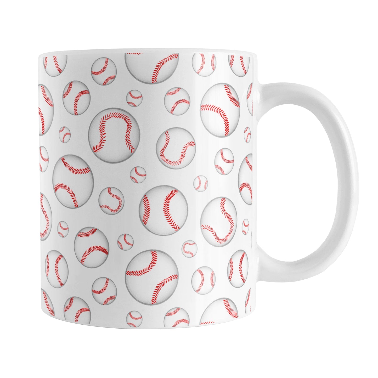 Baseballs Pattern Mug (11oz) at Amy's Coffee Mugs. A ceramic coffee mug designed with hand-drawn baseballs in varying sizes in a pattern that wraps around the mug to the handle. It's perfect for anyone who loves the game of baseball.