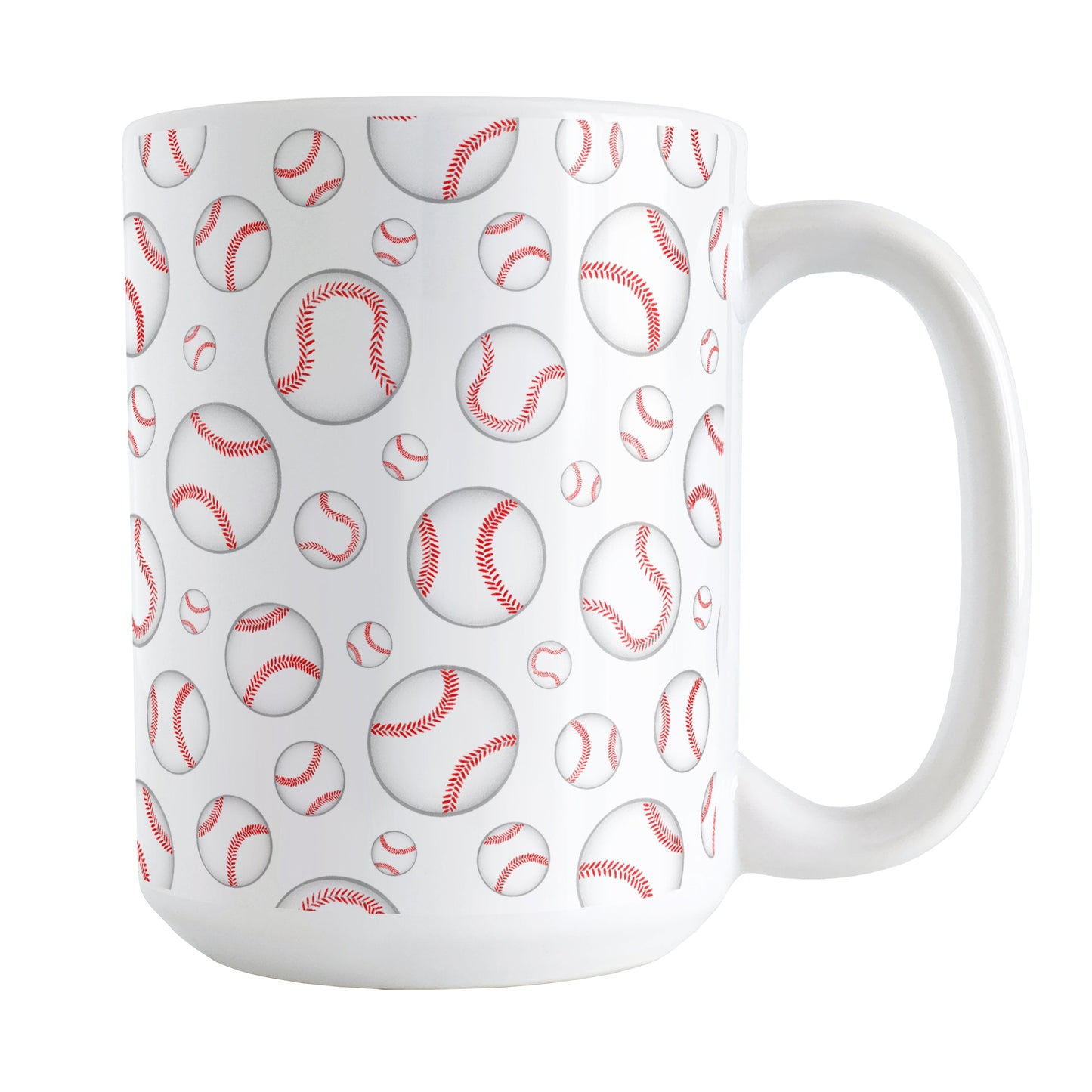 Baseballs Pattern Mug (15oz) at Amy's Coffee Mugs. A ceramic coffee mug designed with hand-drawn baseballs in varying sizes in a pattern that wraps around the mug to the handle. It's perfect for anyone who loves the game of baseball.
