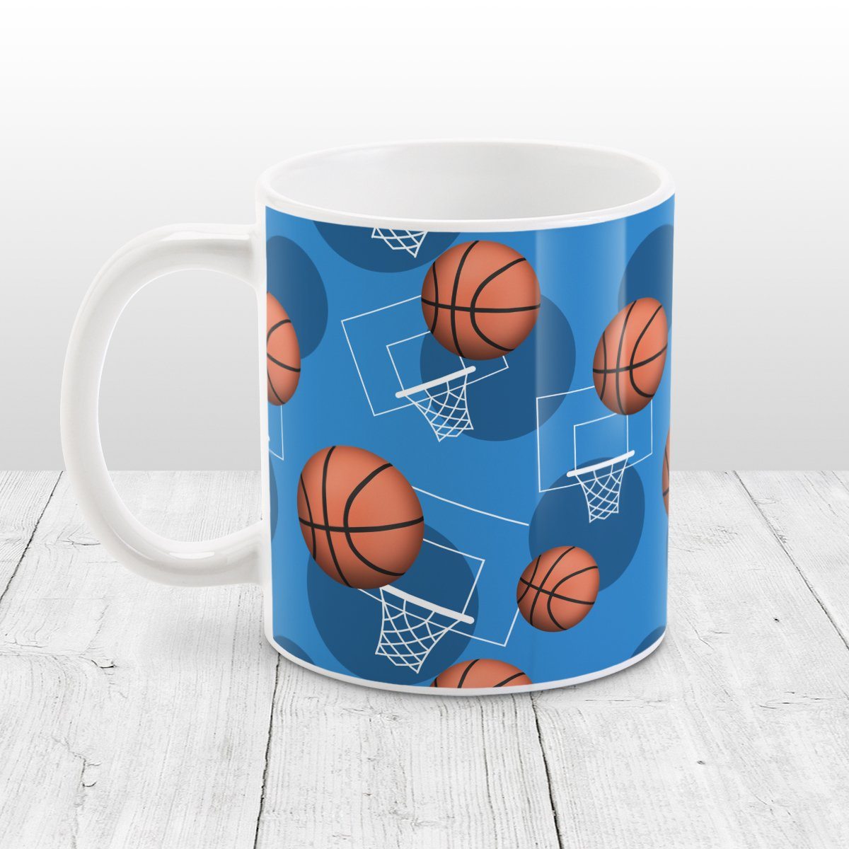 Basketball Themed Pattern Blue Mug at Amy's Coffee Mugs