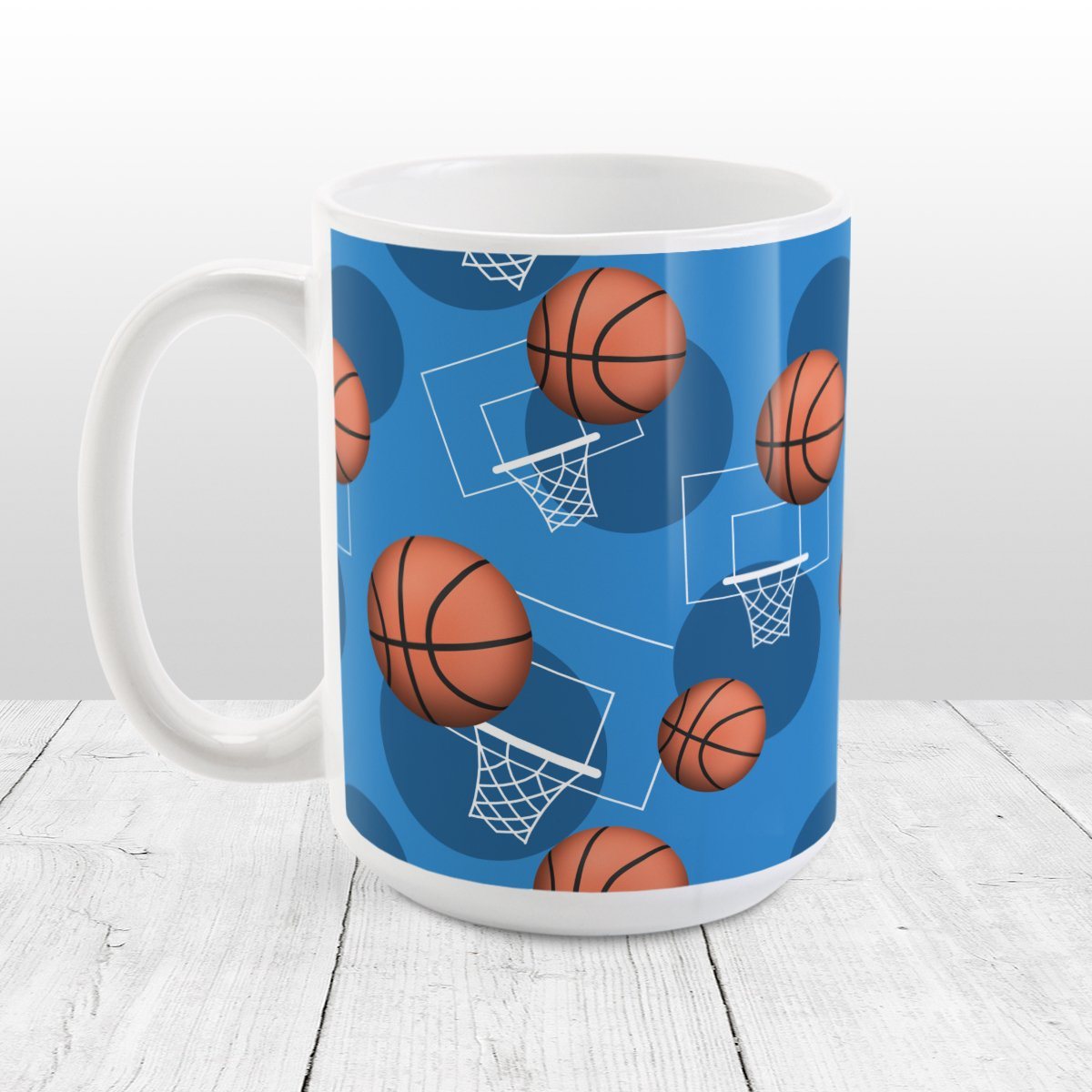 Basketball Themed Pattern Blue Mug at Amy's Coffee Mugs