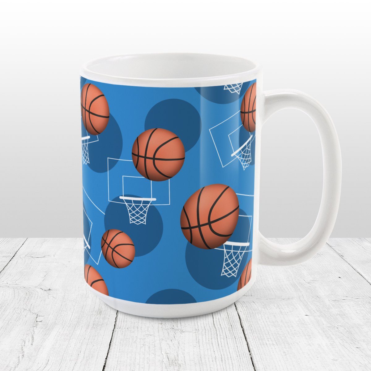 Basketball Themed Pattern Blue Mug at Amy's Coffee Mugs