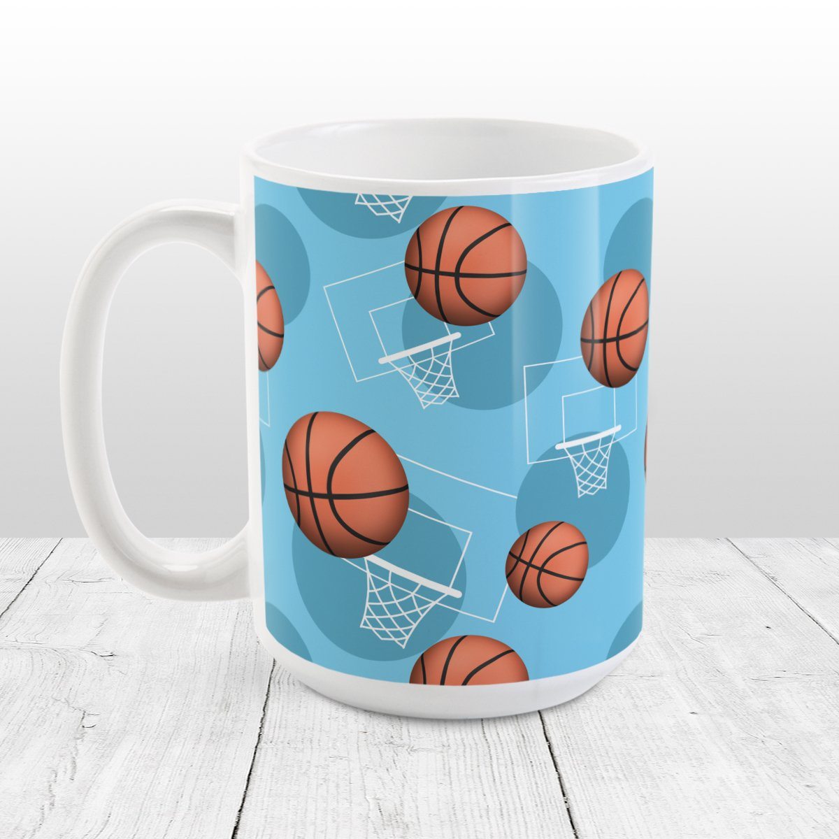 Basketball Themed Pattern Light Blue Mug at Amy's Coffee Mugs