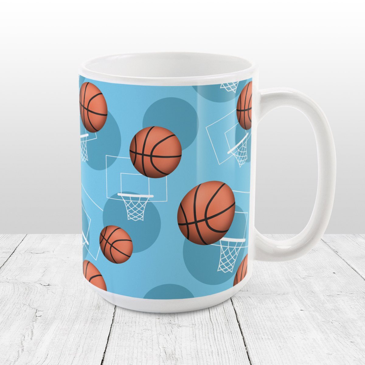 Basketball Themed Pattern Light Blue Mug at Amy's Coffee Mugs
