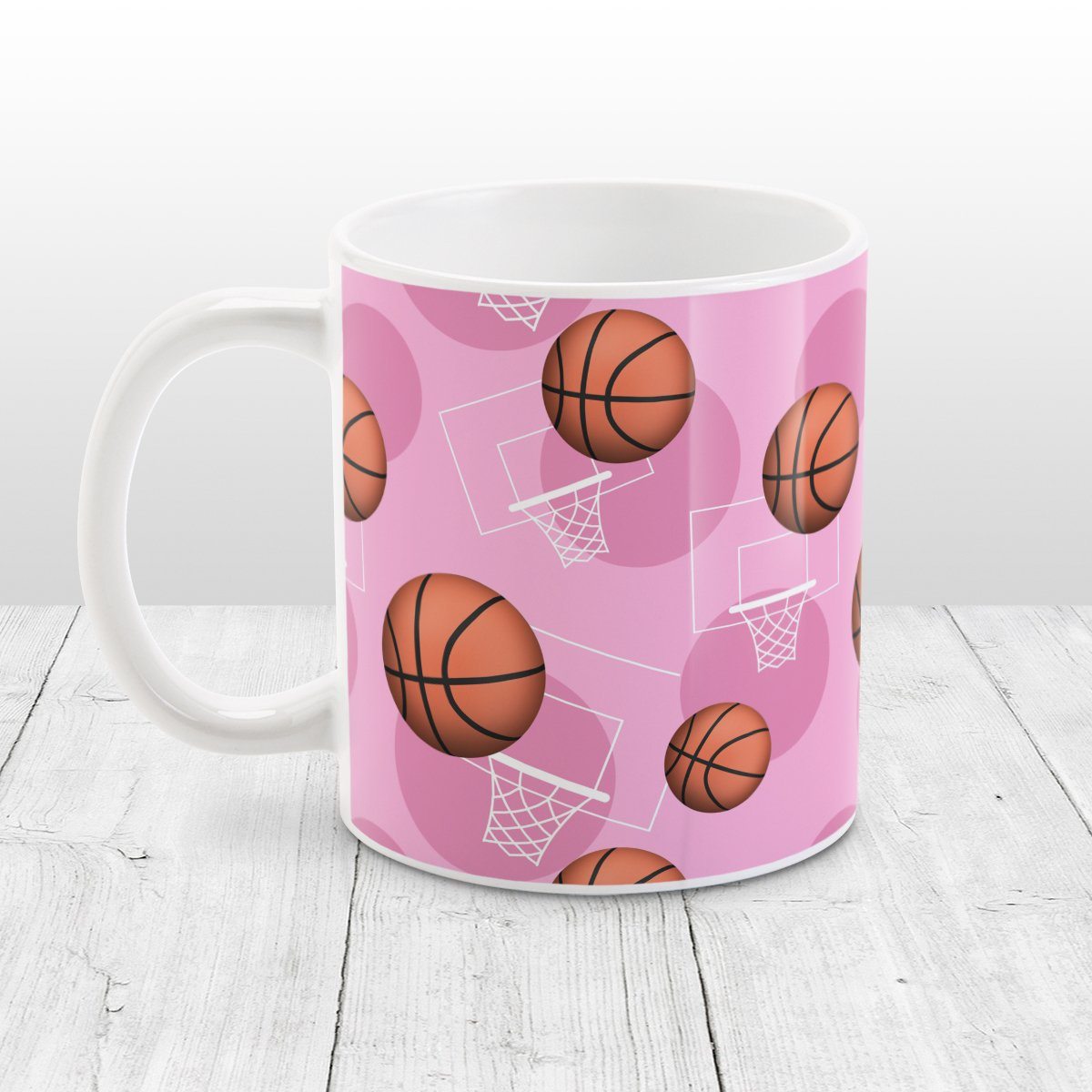 Basketball Themed Pattern Pink Mug at Amy's Coffee Mugs