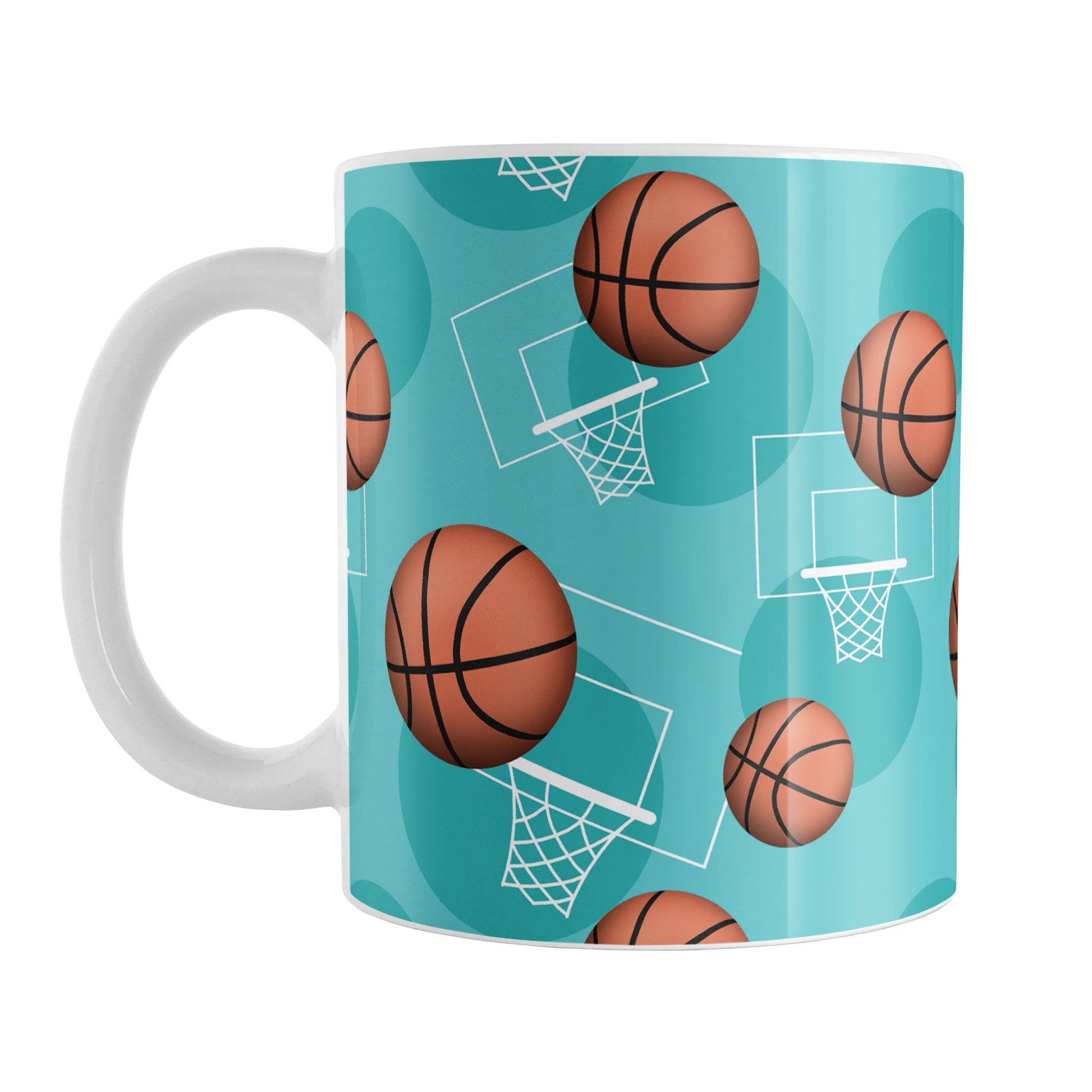 Basketball Themed Pattern - Teal Basketball Mug (11oz) at Amy's Coffee Mugs. A ceramic coffee mug designed with a sports themed pattern with basketballs and white hoops/nets over a teal colored background that wraps around the mug up to the handle.