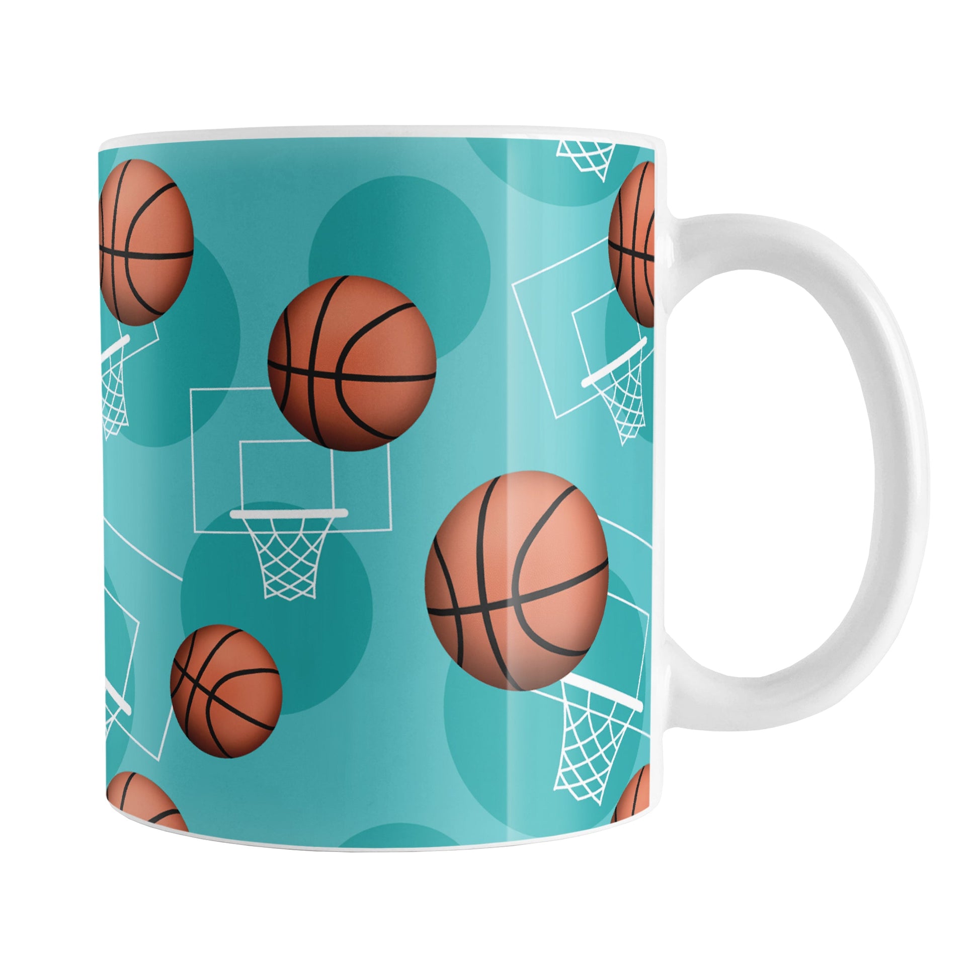 Basketball Themed Pattern - Teal Basketball Mug (11oz) at Amy's Coffee Mugs. A ceramic coffee mug designed with a sports themed pattern with basketballs and white hoops/nets over a teal colored background that wraps around the mug up to the handle.