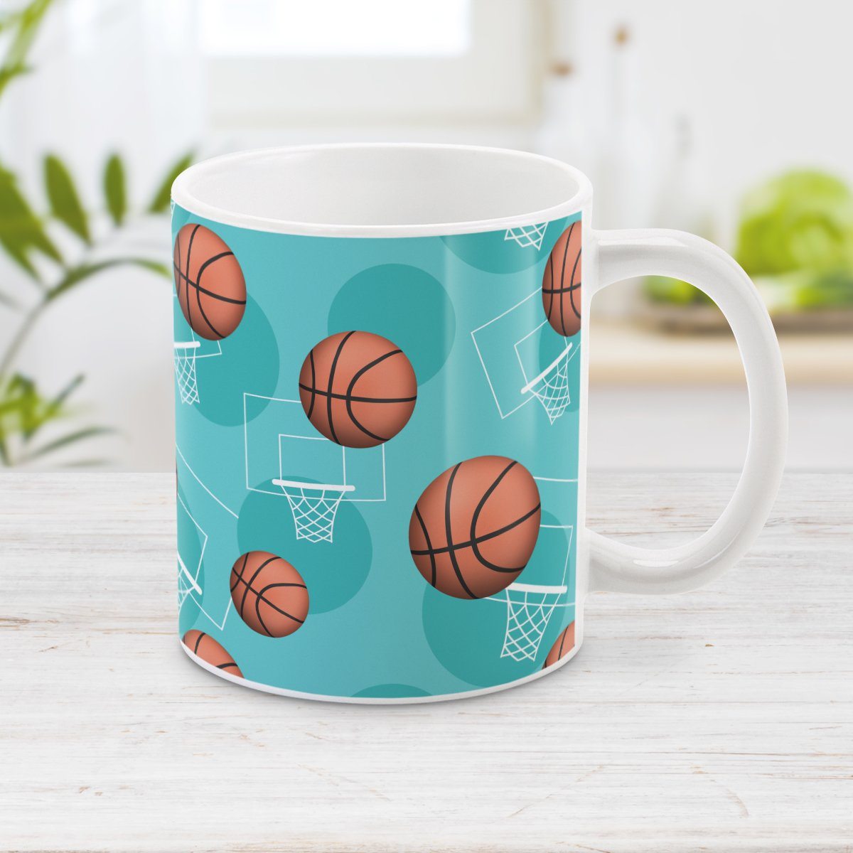 Teal Basketball Mug - Basketball Themed Pattern Teal Basketball Mug at Amy's Coffee Mugs