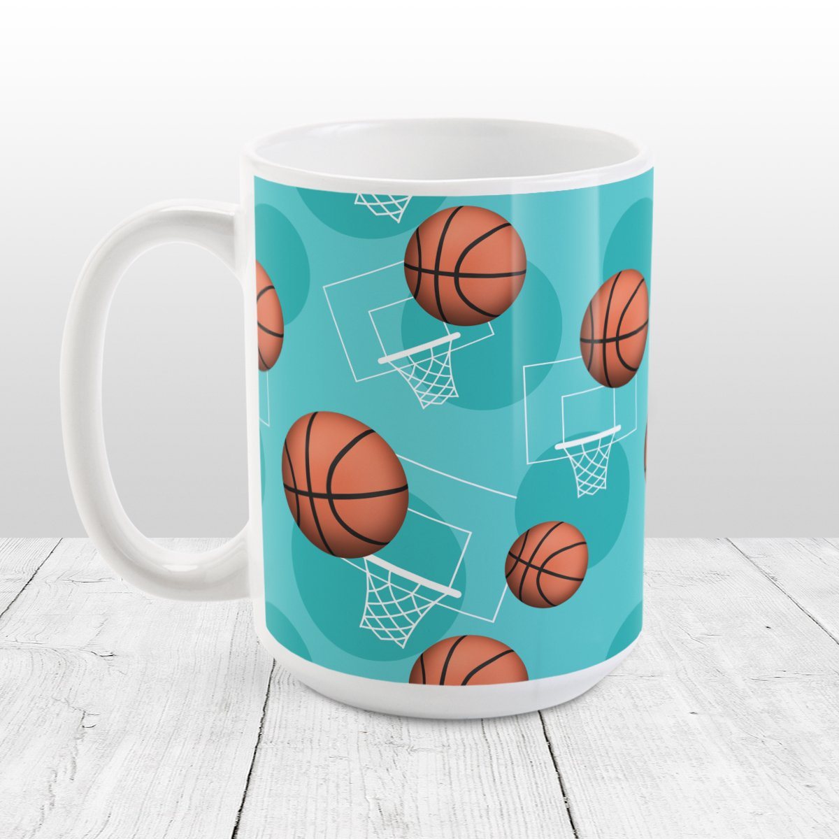 Basketball Themed Pattern Teal Mug at Amy's Coffee Mugs