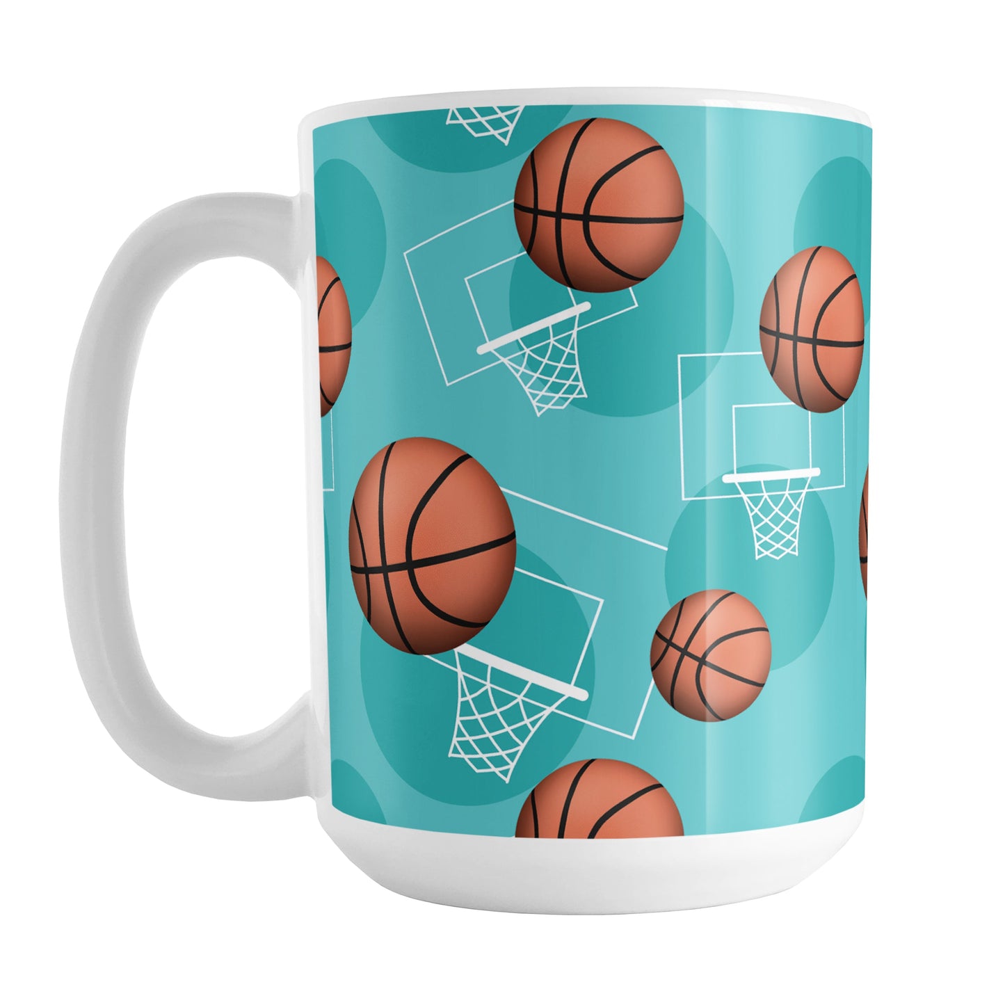 Basketball Themed Pattern - Teal Basketball Mug (15oz) at Amy's Coffee Mugs. A ceramic coffee mug designed with a sports themed pattern with basketballs and white hoops/nets over a teal colored background that wraps around the mug up to the handle.