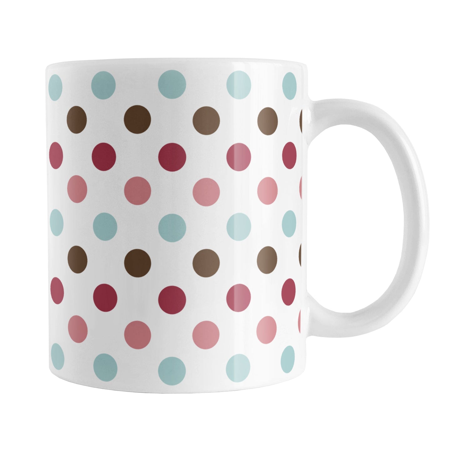 Berry Blue Polka Dots Mug (11oz) at Amy's Coffee Mugs. This ceramic coffee mug is designed with a polka dots pattern in a gorgeous color combination of berry pink hues, aqua blue, and brown over white.