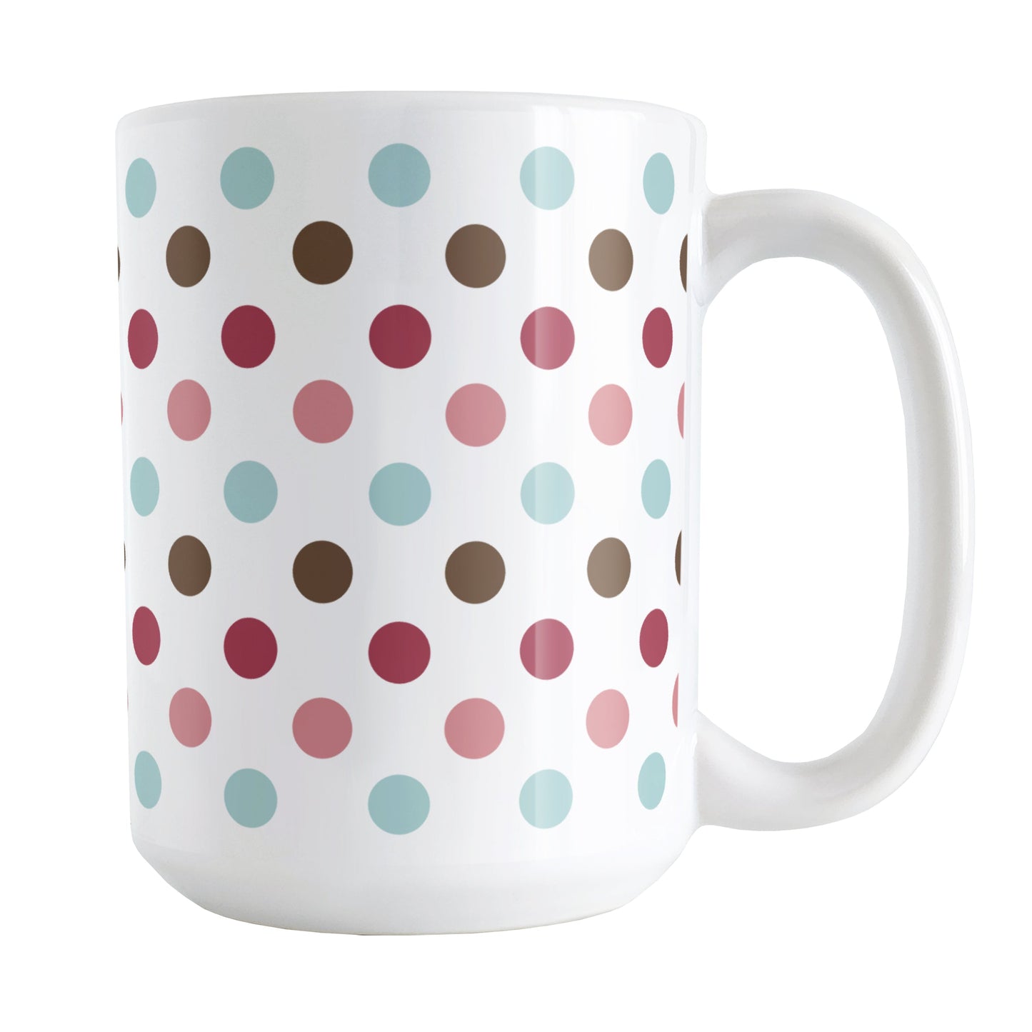 Berry Blue Polka Dots Mug (15oz) at Amy's Coffee Mugs. This ceramic coffee mug is designed with a polka dots pattern in a gorgeous color combination of berry pink hues, aqua blue, and brown over white.