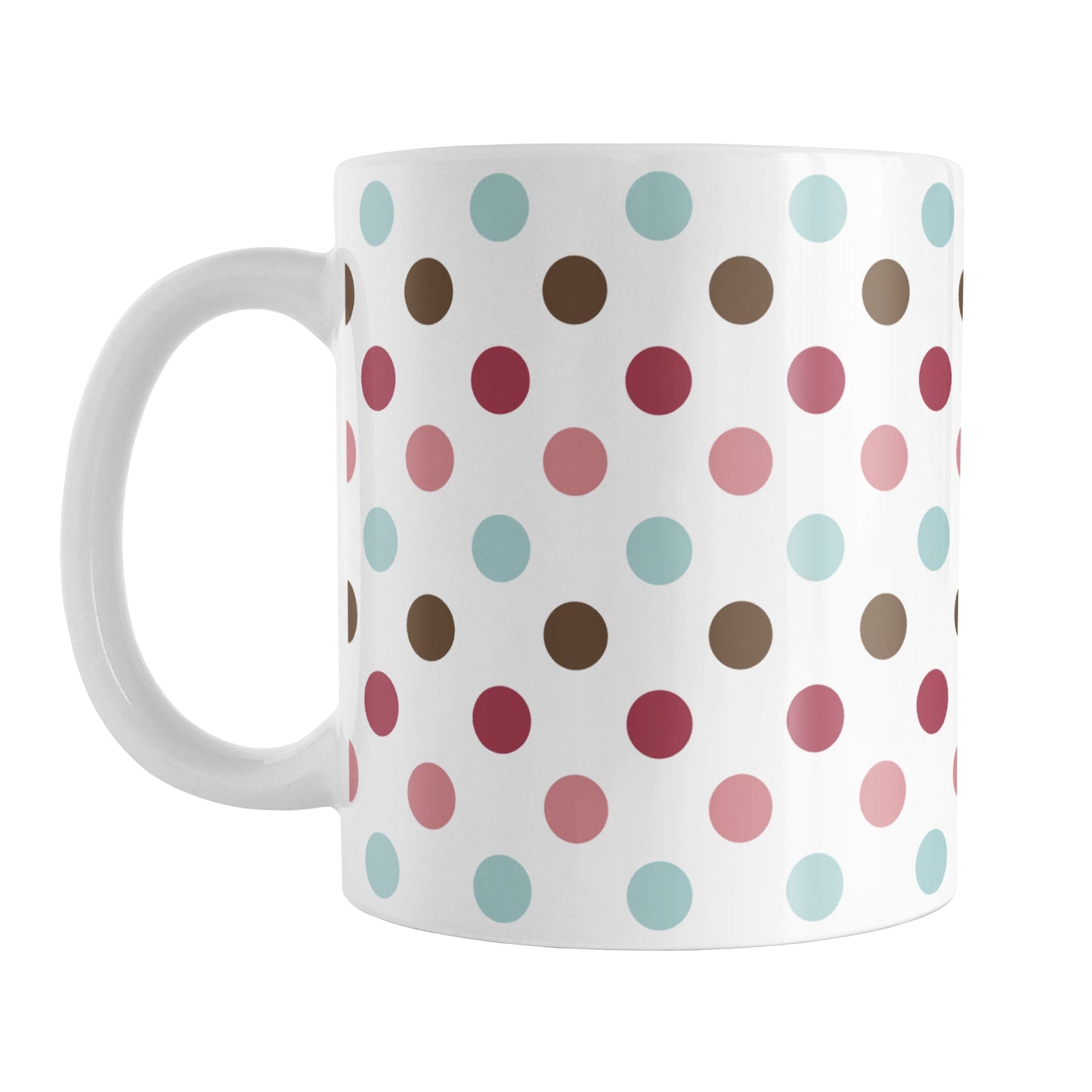 Berry Blue Polka Dots Mug (11oz) at Amy's Coffee Mugs. This ceramic coffee mug is designed with a polka dots pattern in a gorgeous color combination of berry pink hues, aqua blue, and brown over white.