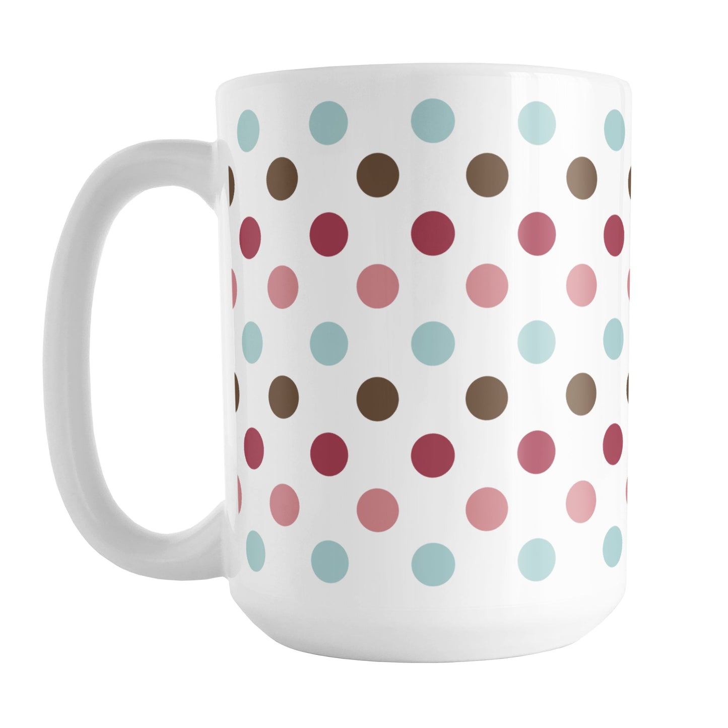 Berry Blue Polka Dots Mug (15oz) at Amy's Coffee Mugs. This ceramic coffee mug is designed with a polka dots pattern in a gorgeous color combination of berry pink hues, aqua blue, and brown over white.