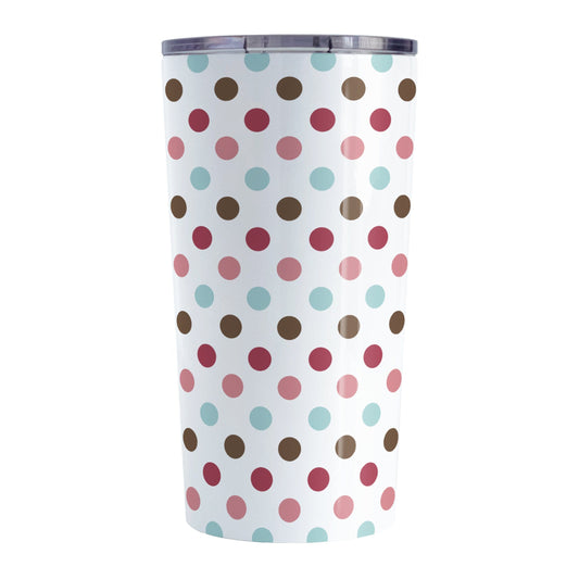 Berry Blue Polka Dots Tumbler Cup (20oz) at Amy's Coffee Mugs. A stainless steel tumbler cup designed with a pattern of polka dots a color palette of berry pink hues, aqua blue, and brown that wraps around the cup.