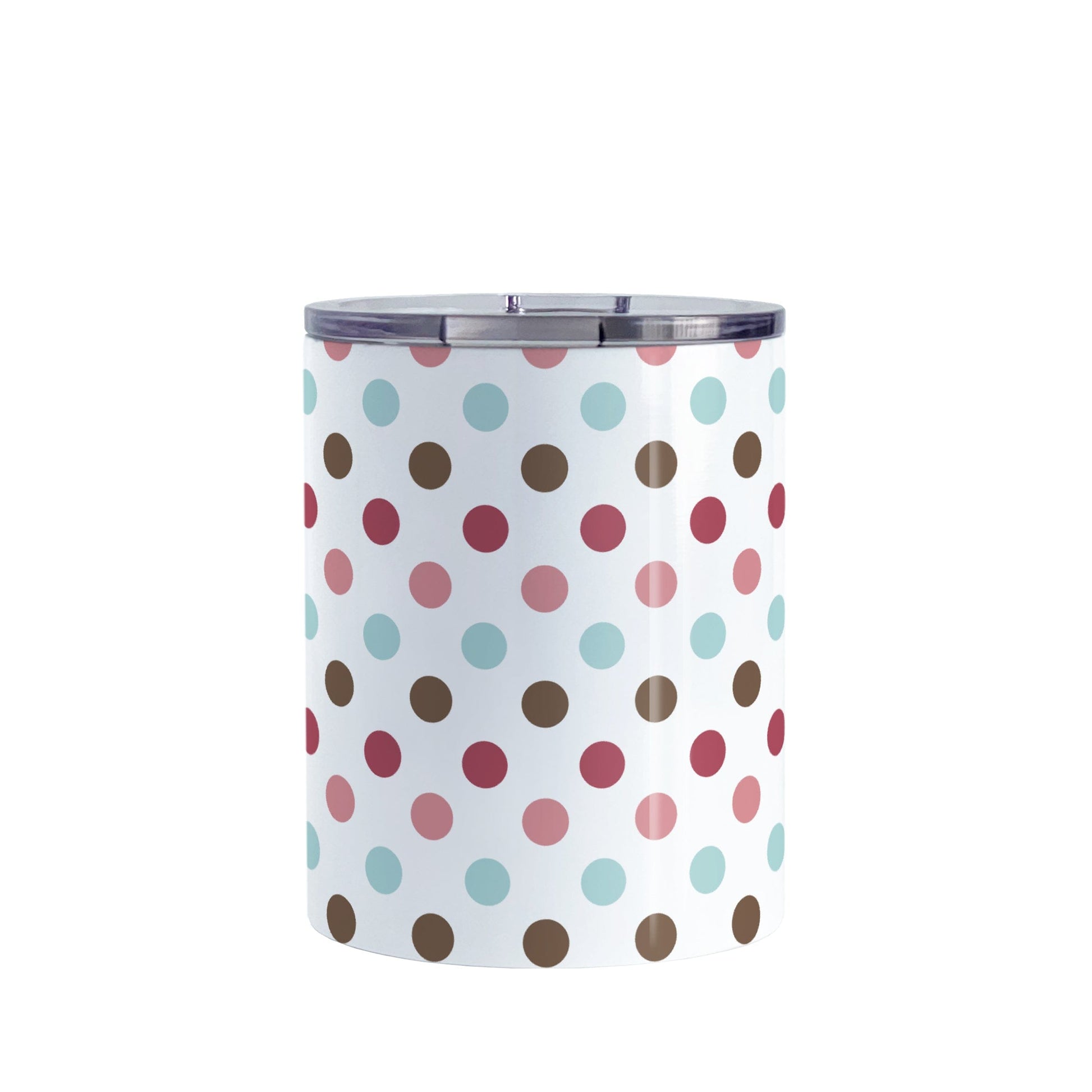 Berry Blue Polka Dots Tumbler Cup (10oz) at Amy's Coffee Mugs. A stainless steel tumbler cup designed with a pattern of polka dots a color palette of berry pink hues, aqua blue, and brown that wraps around the cup.