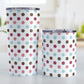 Berry Blue Polka Dots Tumbler Cup (20oz or 10oz) at Amy's Coffee Mugs. Stainless steel tumbler cups designed with a pattern of polka dots a color palette of berry pink hues, aqua blue, and brown that wraps around the cups. Photo shows both sized cups on a table next to each other.