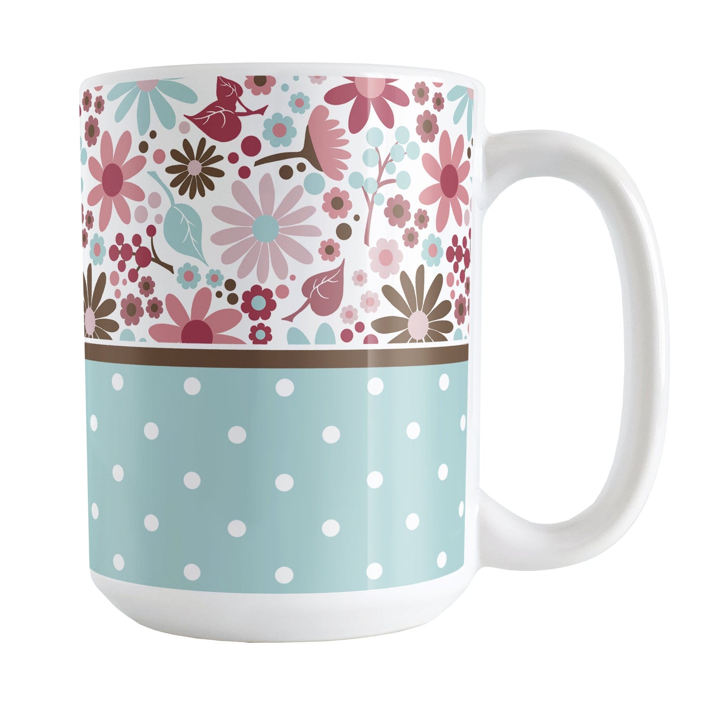 Berry Blue Summer Flowers Polka Dot Mug (15oz) at Amy's Coffee Mugs. A ceramic coffee mug designed with a pretty floral pattern in a gorgeous berry pink color palette, with light blue and brown along the top, and a light blue polka dot pattern along the bottom. These patterns wrap around the mug to the handle.